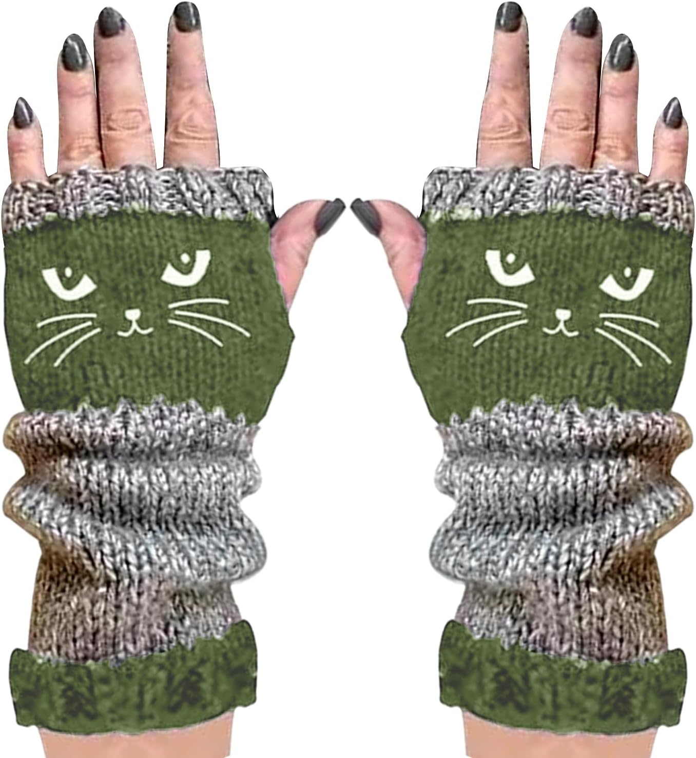 Cat Embroidery Patchworks Knitted Gloves, Cat Embroidery Outdoor Warming Supplies,Fashionable Fingerless Casual Women'S Gloves for Cats Lovers Women Girls Ladies