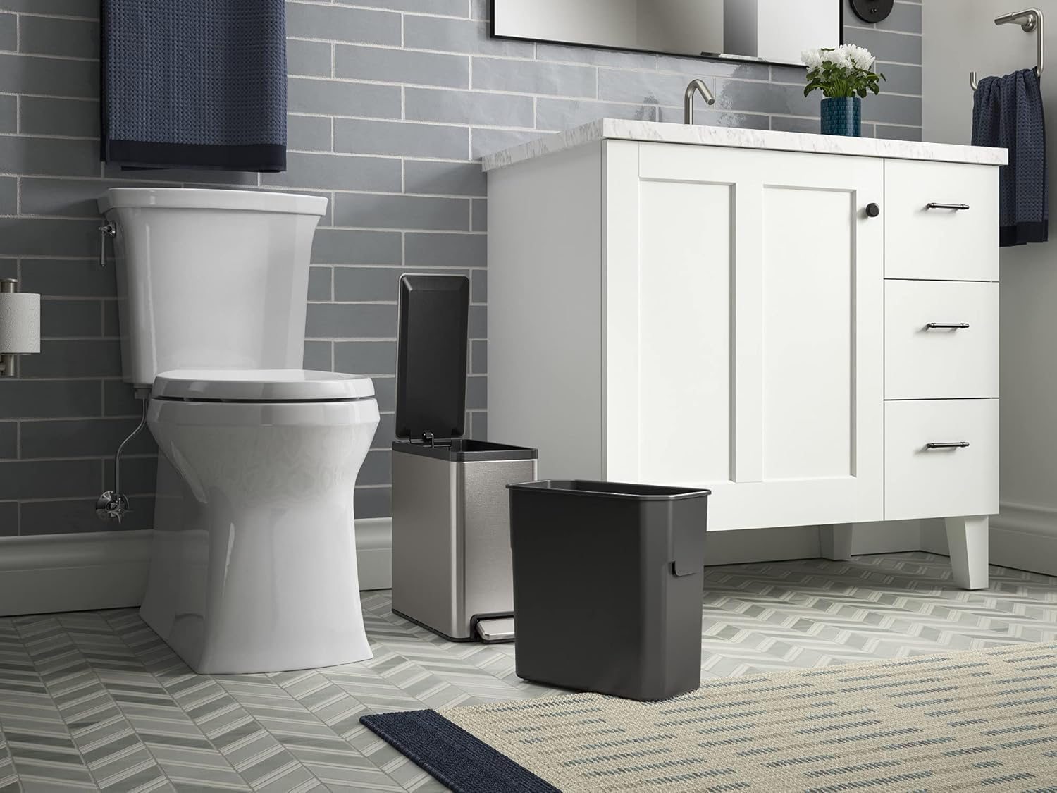 Kohler 20957-ST Bathroom, 2.5 Gallon Small Trash Can with Quiet-Close Lid and Hand Free Foot Pedal, Stainless Steel image number 7