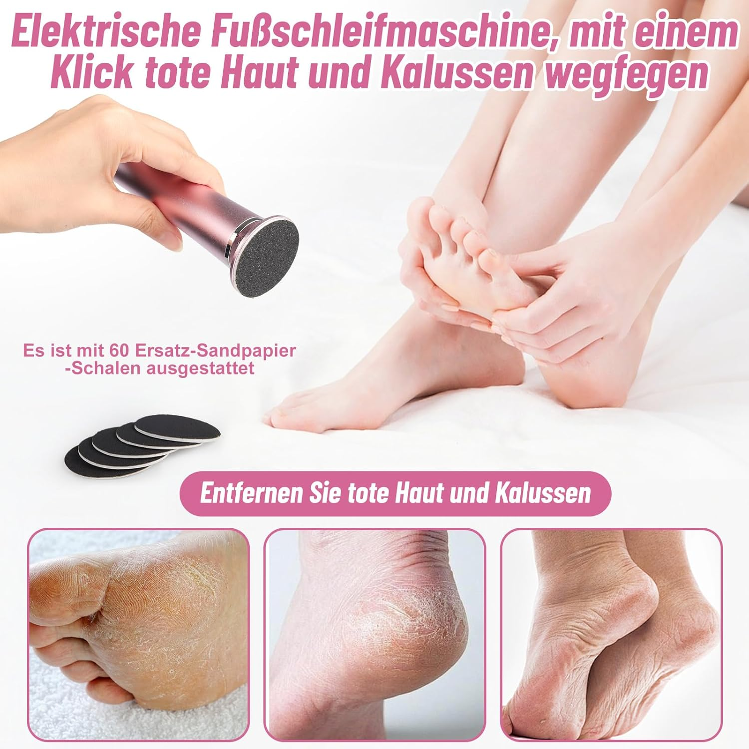 Electric Callus Remover - Rechargeable Removal Callus Remover Electric with 60 Sandpaper Discs, Foot Replacement Rollers, Callus Remover for Dead Skin image number 3