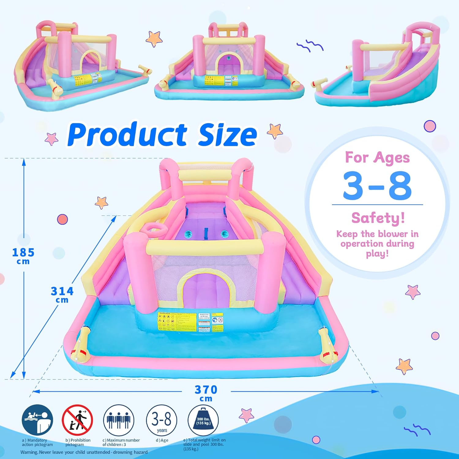 Inflatable Water Park with 2 Blow up Water Slides, 370 X 314 X 185 Cm Kids Water Park with Basketball Rim, Climbing Wall, Splash Pool, 2 Water Cannons and Blower image number 6