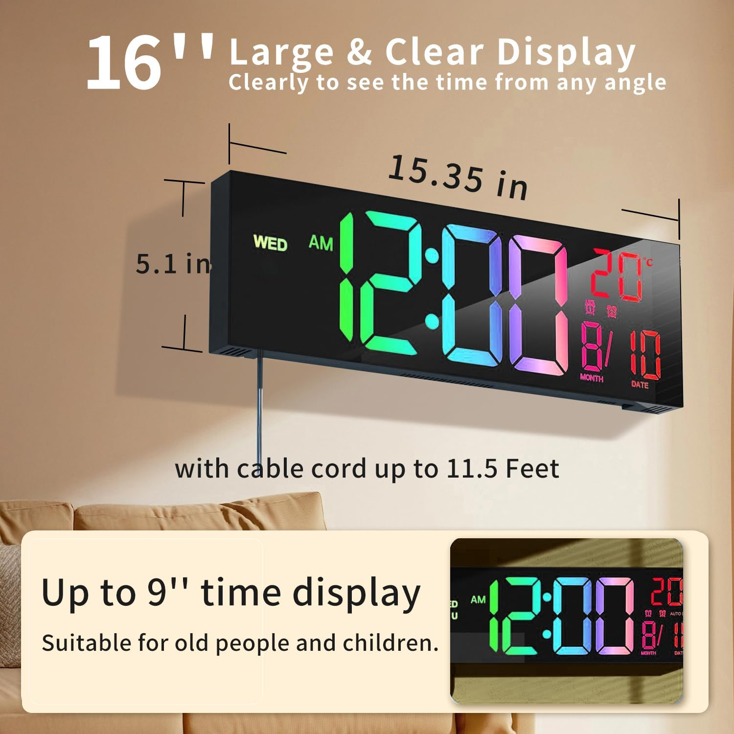 Alarm Clock 16 Inch, Large Clock with Remote Control, Digital Wall Clock LED Dispaly, 8 RGB Colors, 12/24H, Date, Temperature, Countdown Timer, Night Light for Bedroom, Loud Alarm Clock for Elderly image number 5