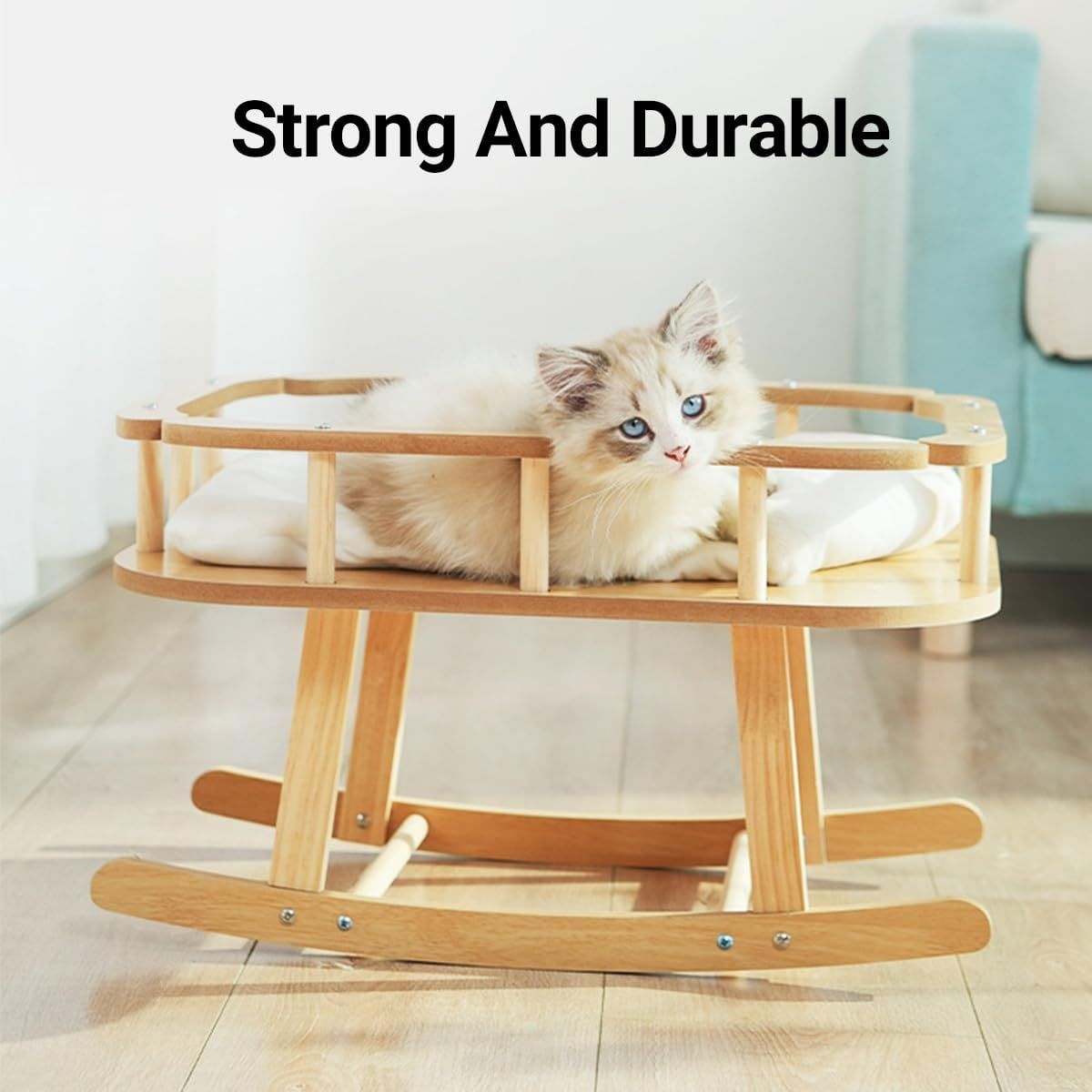AIMALL Cat Bed Wooden Pet Hammock Four Seasons Swing Cradle, Large Size Rocking Cat Nest, Comfortable and Durable with Soft Cushion for Indoor Cats image number 1