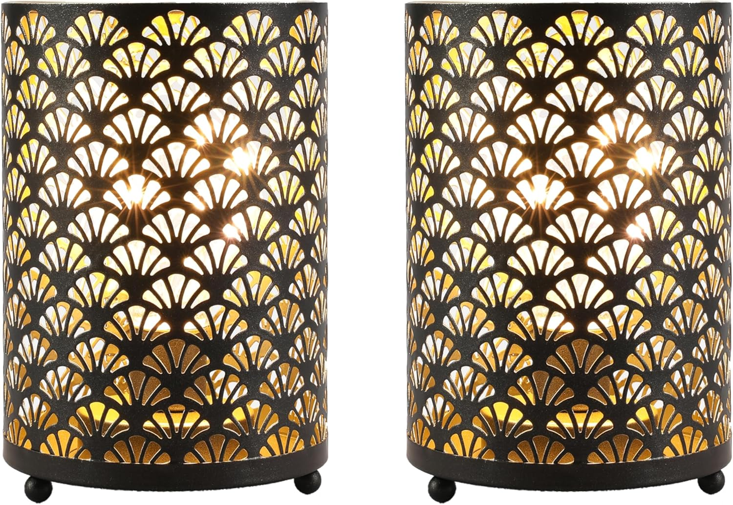 TRIROCKS Set of 2 Battery Operated Lamp 16Cm Tall Metal Cordless Table Lamp Bronze Lanterns with Warm Fairy Lights Bulb for Patio Garden Wedding Parties Indoor Outdoor(Scalloped Hollow Pattern) - Brown image number 4