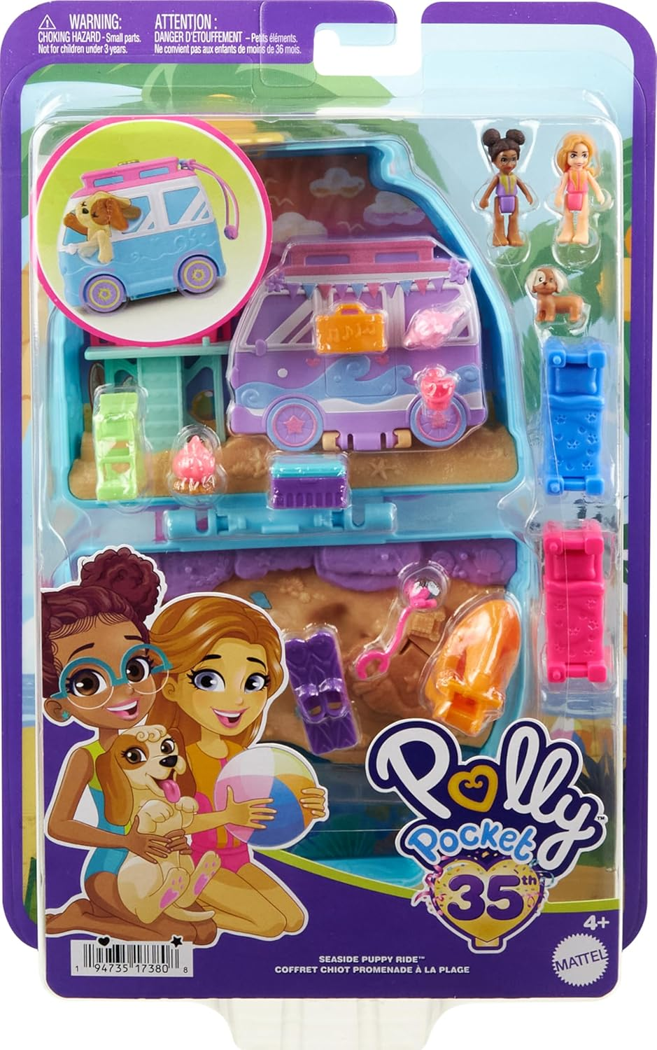 Polly Pocket Dolls and Playset, Travel Toy with Fidget Exterior, Seaside Puppy Ride Compact with 11 Accessories image number 1