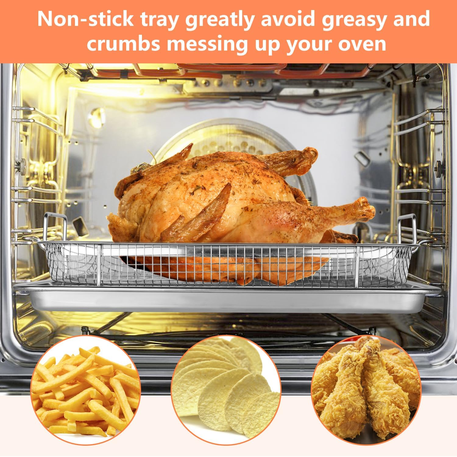 SZMDLX Crisping Basket & Tray Set for Oven, Air Fryer Crispy Basket, Tray & Grease Catcher, Oven Baking Tray with Mesh Crisping Grill Basket, Non-Stick & Healthy Cooking, 32.5 * 24.5 * 8Cm image number 6