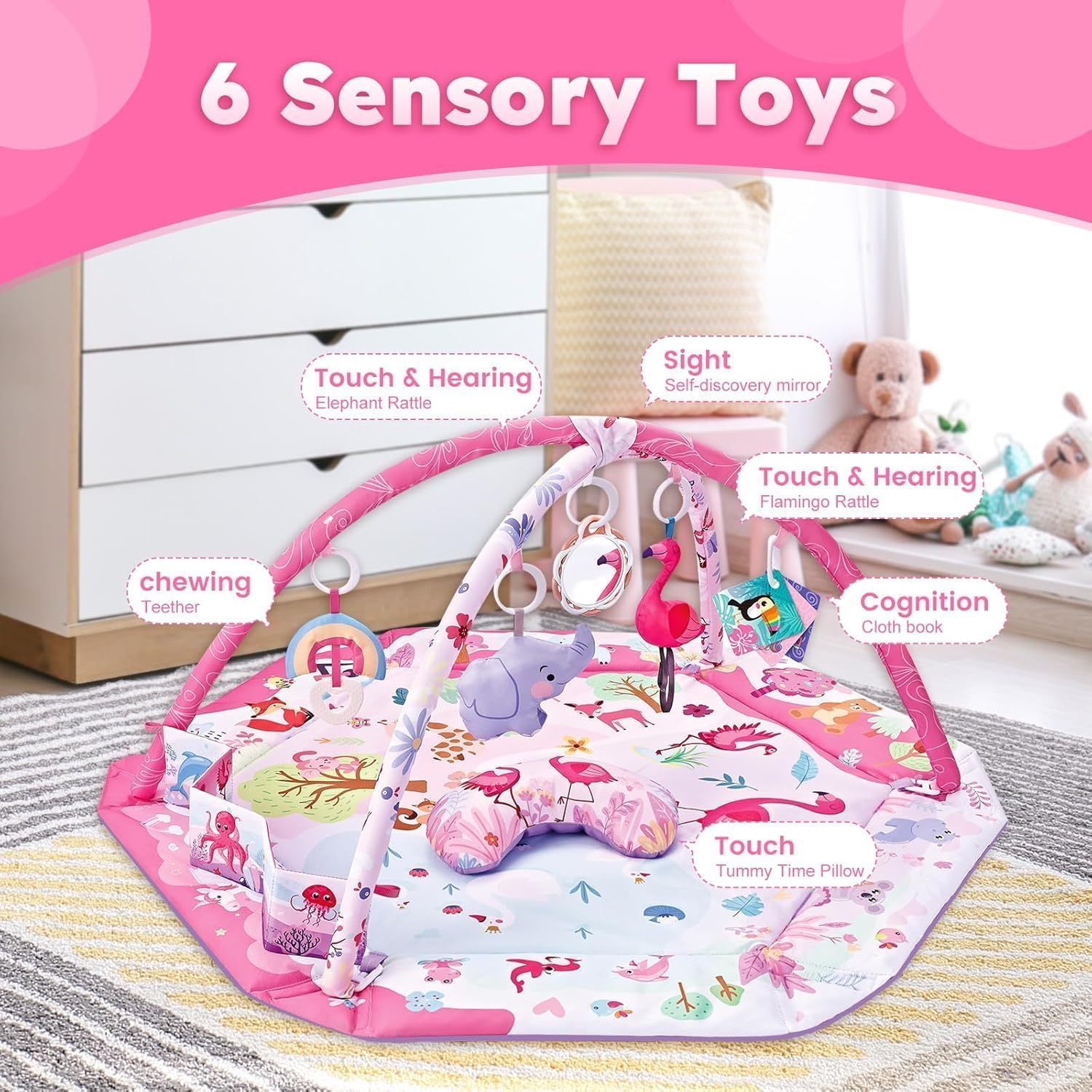 Baby Gym Play Mat, 8-In-1 Tummy Time Mat with Ball Pit & Detachable Toys for Newborns Infant 0-3-6-9-12 Months, Washable Play Activity Mat for Visual, Hearing, Sensory, Motor Development image number 4