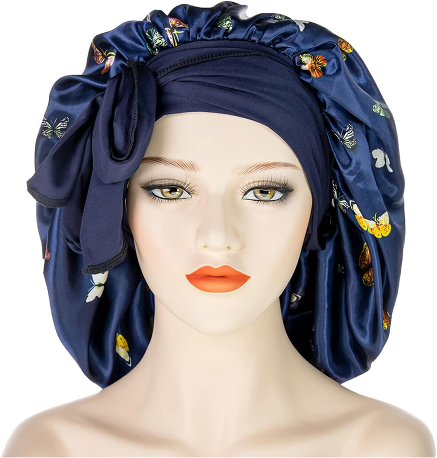 MUFEKUM Hair Bonnet for Sleeping, Printing Satin with Stretchy Tie Band Edge Wrap, Wide Band Silk Large Night Sleep Cap for Women Girls Hair Care