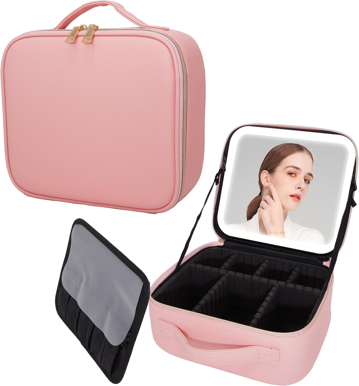 VNIMTI Travel Makeup Bag with LED Mirror, Makeup Train Case for Women, Portable Cosmetic Bag with Brush Organizer Storage Box Vanity Case, Adjustable Divider, 3 Color Brightness, Rechargeable, Pink image number 1