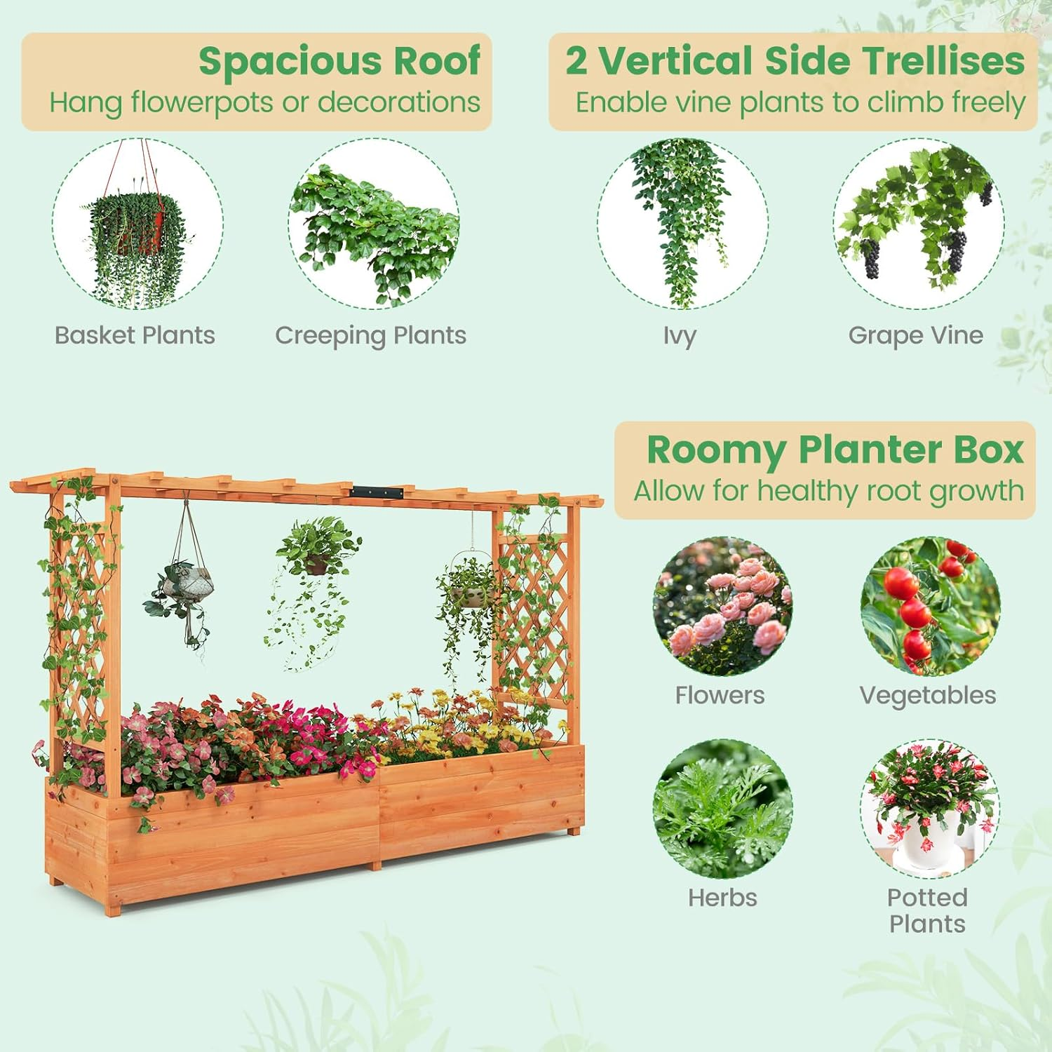 Giantex Raised Garden Bed with 2-Sided Trellis & Hanging Roof, Fir Wood Planter Box W/Drainage Holes, Bottom Gaps, Freestanding Garden Planter for Flowers Herbs Climbing Vines (79" X 17.5" X 45") image number 5