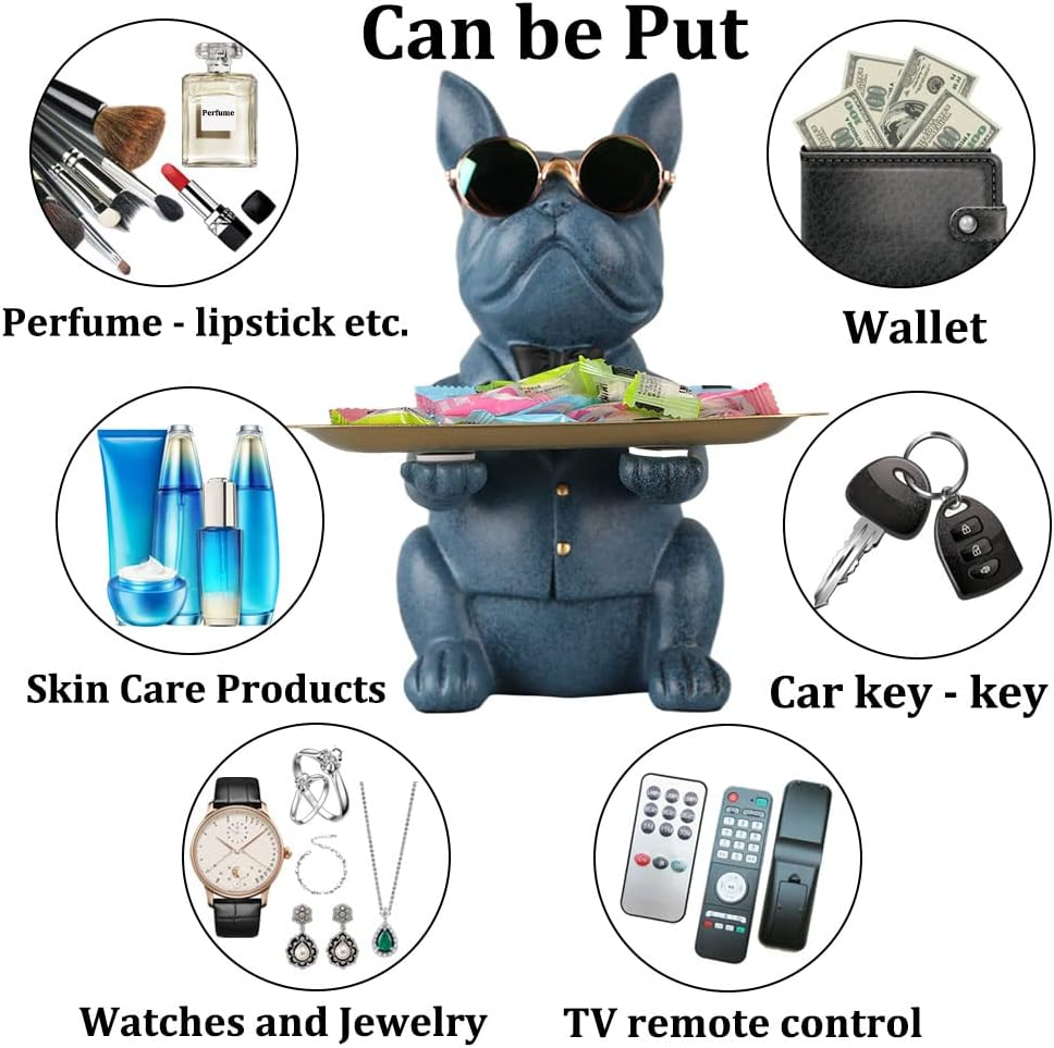 QIANLING Blue Bulldog Tray Holder Storage Desk Table Trays Decorative Animal Bulldog Sculpture Home Decor Statue Coin Piggy Bank Multi-Function Office Home Entrance Key Snack Storage Tray image number 4