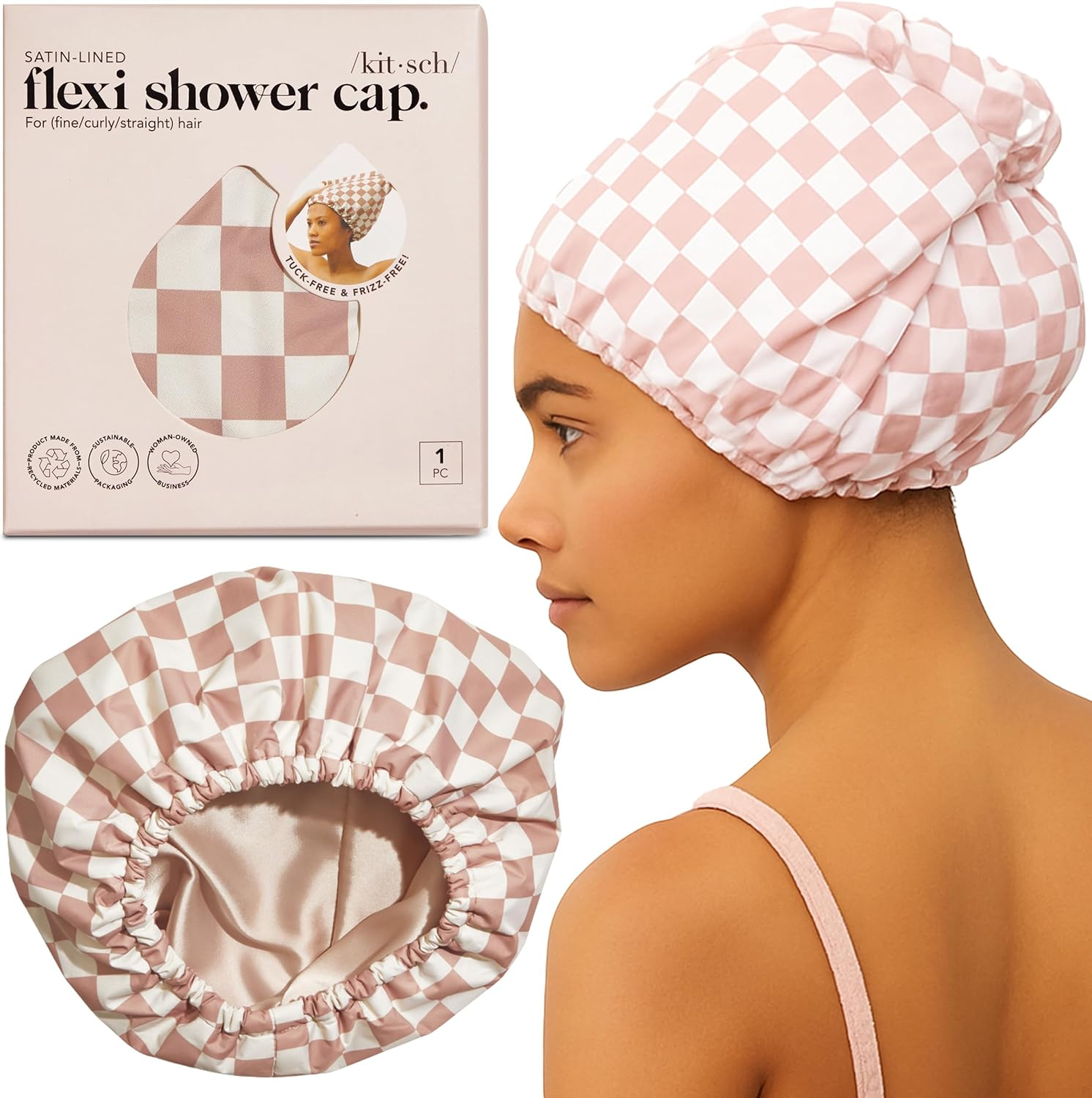 Kitsch Luxury Shower Cap for Women Waterproof - Satin Lined Shower Cap | Reusable Shower Cap | Adjustable Hair Cap for Shower | Shower Bonnet | Waterproof Hair Shower Caps for Long Hair - Terracotta image number 3