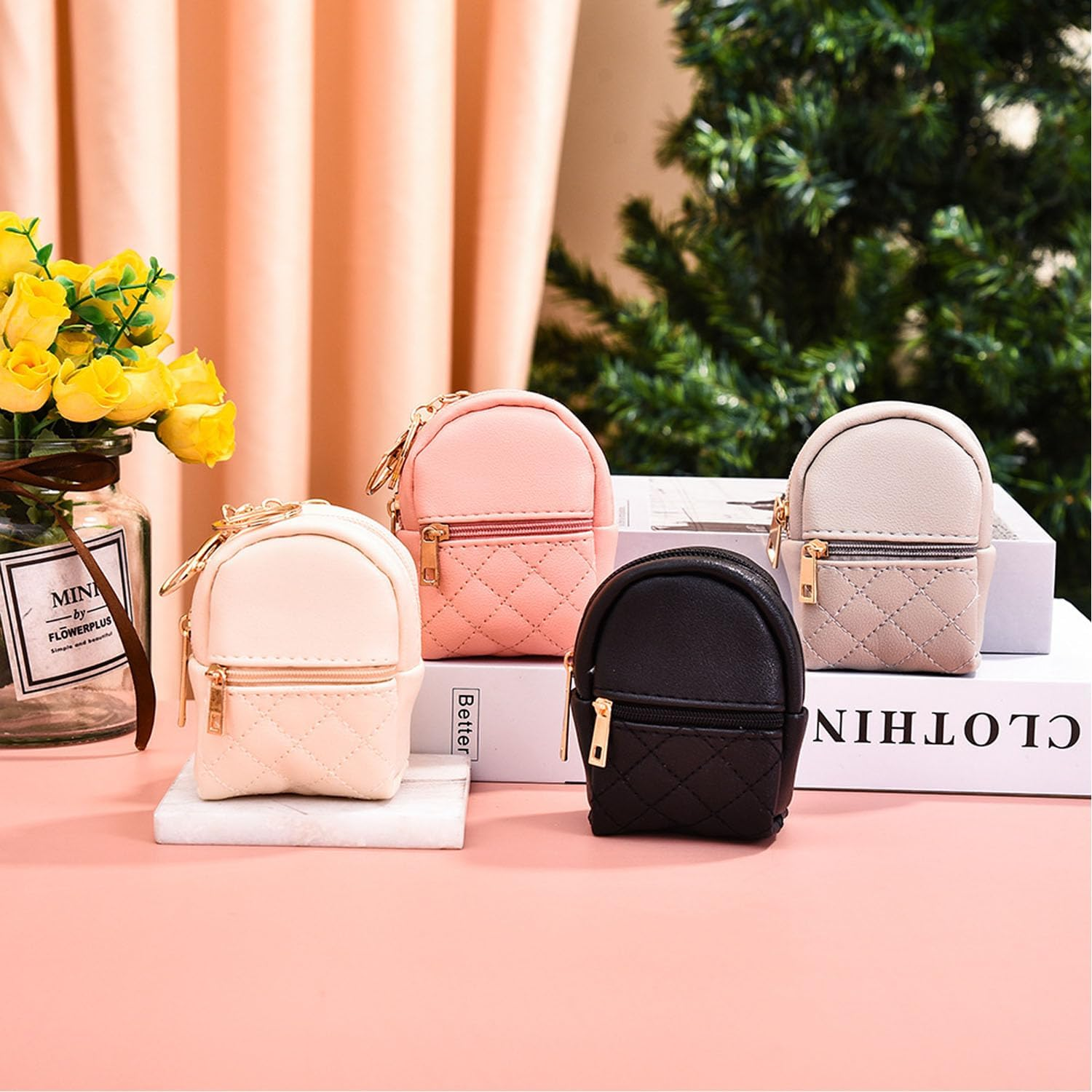 4Pcs Mini Backpack Keychain,Cute Cosmetic Bag for Women,Pu Leather Makeup Bag Key Pocket Lipstick Bag Card Holder Data Cable Organizer Zipper image number 6