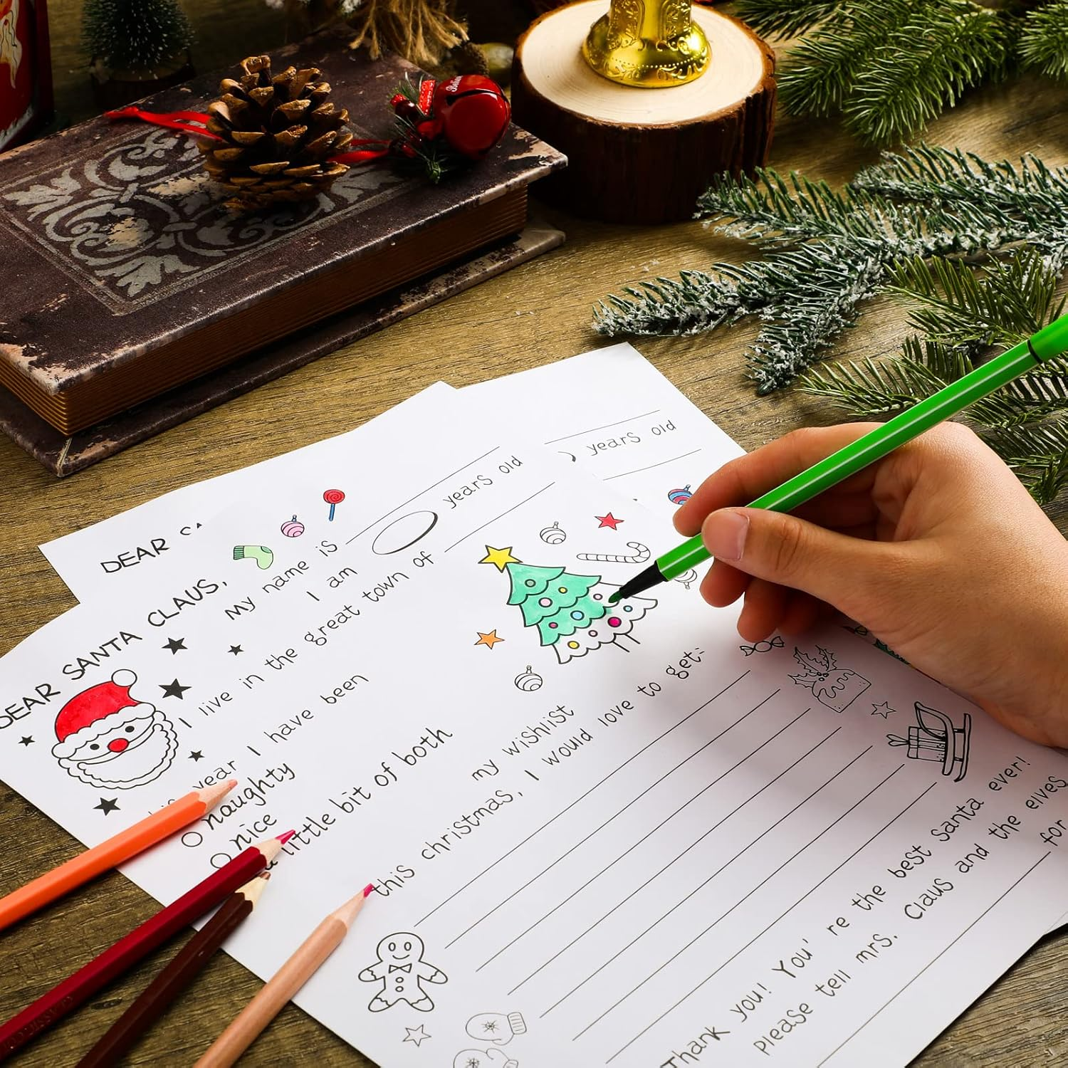 Spiareal Christmas Stationery Paper Color Your Own Letter to Santa 8.5 X 11 Inch Christmas Tree Gingerbread Coloring Writing Paper for Family Classroom Xmas Holidays DIY Craft Party Supplies(50 Pcs) image number 1