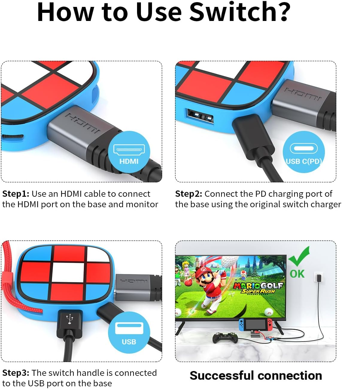 Azhizco Switch Dock for Nintendo Switch Dock, 3 in 1 for Nintendo Switch Docking Station with 4K HDMI USB 3.0 PD100W, Switch Travel Dock USB C to HDMI Adapter for Nintendo Switch/Oled, for Steam Deck image number 3