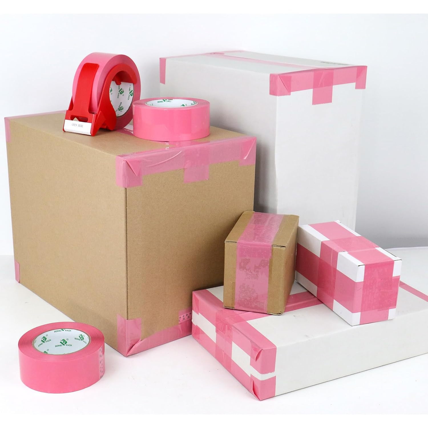 3 Rolls BOMEI PACK Pink Packing Tape with Dispenser, Heavy Duty Packaging Tape for Moving Shipping Sealing and Storage,1.8Mil Thick, 3 Rolls 1.88 Inch X 50 M,Total 150M image number 2