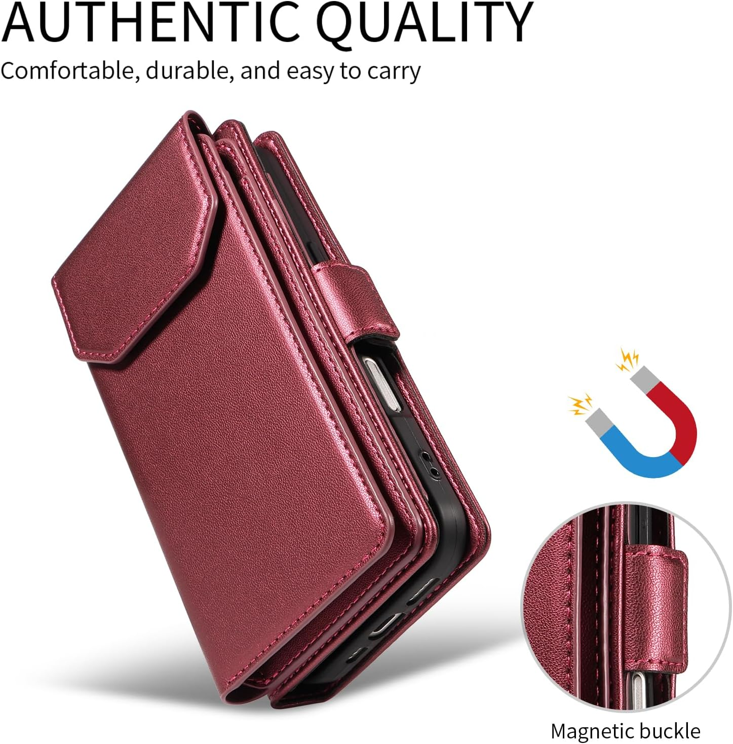 For Iphone 17 Pro Wallet Case with Card Holders Money Slots Wrist Strap,For Iphone 17 Pro Leather Folio Flip Case Kickstand Phone Cover-Wine Red image number 2