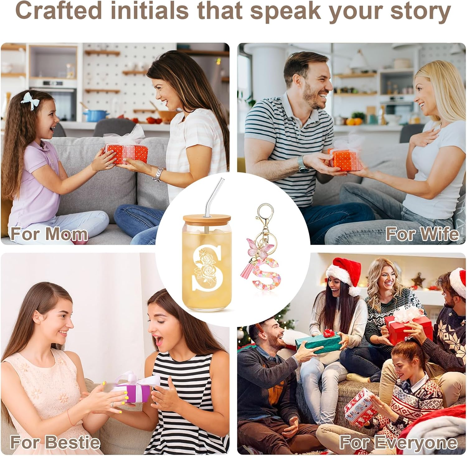 DAMCONME Bridal Shower Gifts,Personalized Bridesmaid Wedding Gift Set&ndash;Initial Glass Cups with Lids and Straws,Initial Letter Keychain&ndash;Unique Bachelorette Party Supplies Gifts for Sister Bestie&ndash;S image number 3