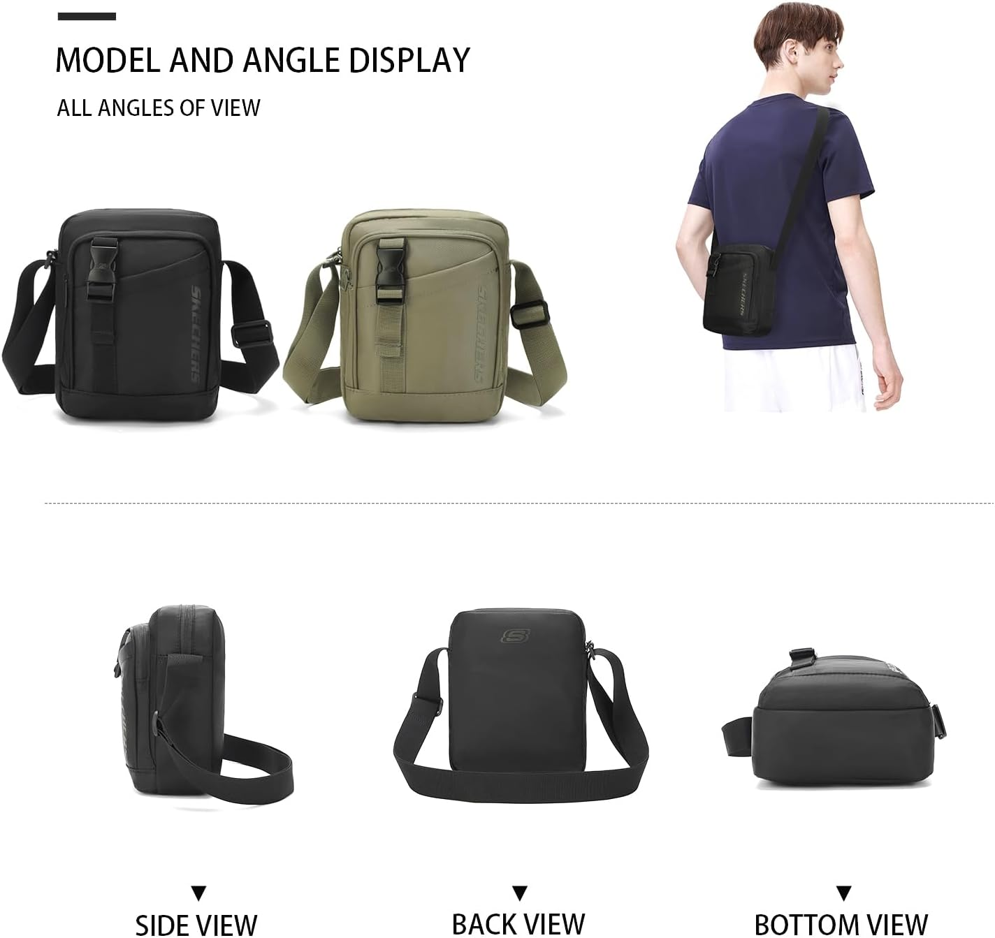 SKECHERS Waterproof Crossbody Messenger Bag for Men/Women, Small Shoulder Satchel Bag for Work/Sports/Travel, Casual Zipper Daypack Purse for Hiking/Cycling/Mountaineering