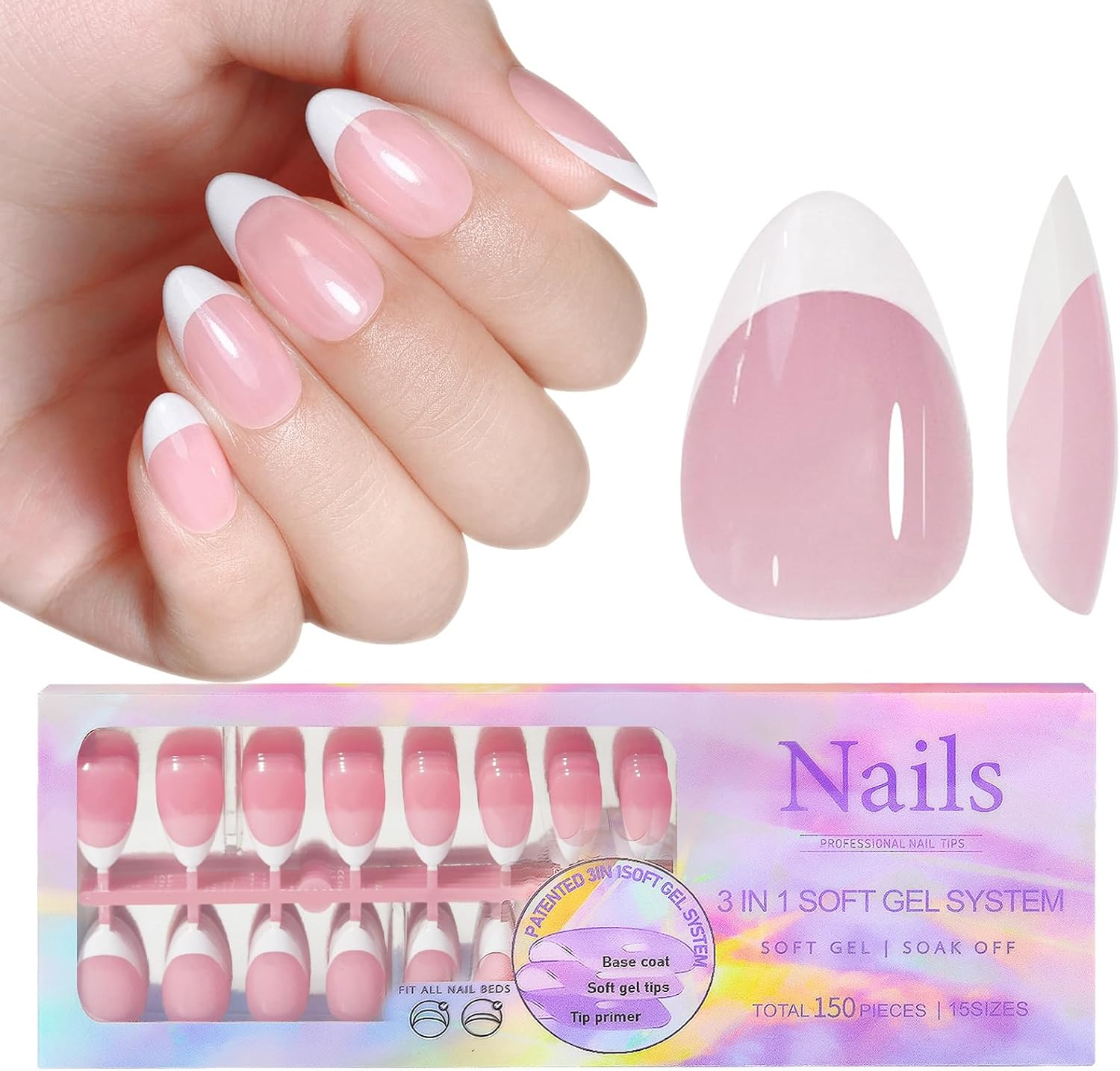 Nail Tips Set, 150 PCS Nail Tips for Acrylic Nails, Full Cover French Ballerina Fake Nails, Soft Gel Fake Nails Tips, Soak off Fake Nail for Art Salons and Home DIY, 022 image number 2