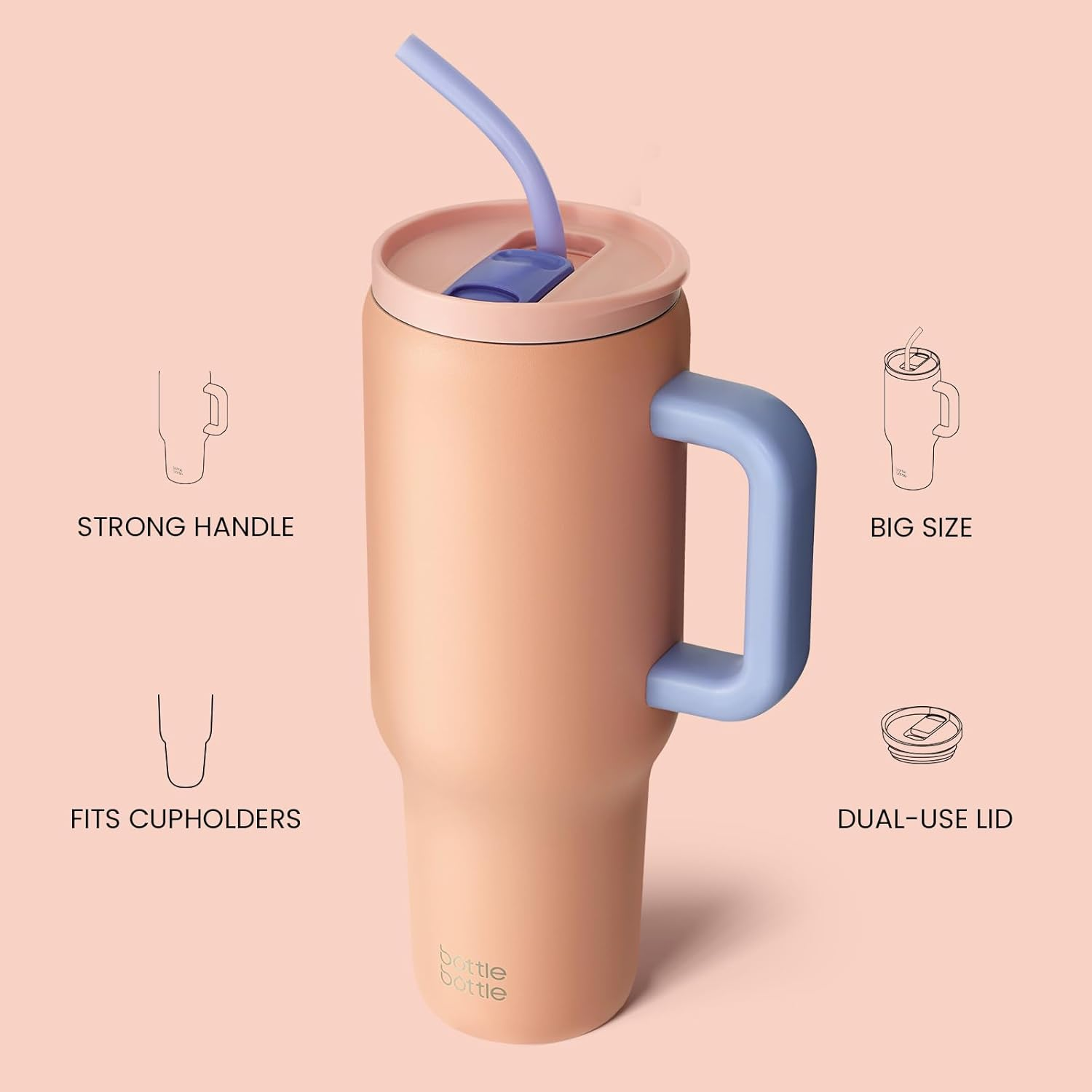 BOTTLE BOTTLE 40 Oz Tumbler with Handle and Straw,Stainless Steel Vacuum Travel Mug,Car Cup with Straw, Stainless Steel Vacuum Water Bottle for Gifts Party Office Coffee (Peach)