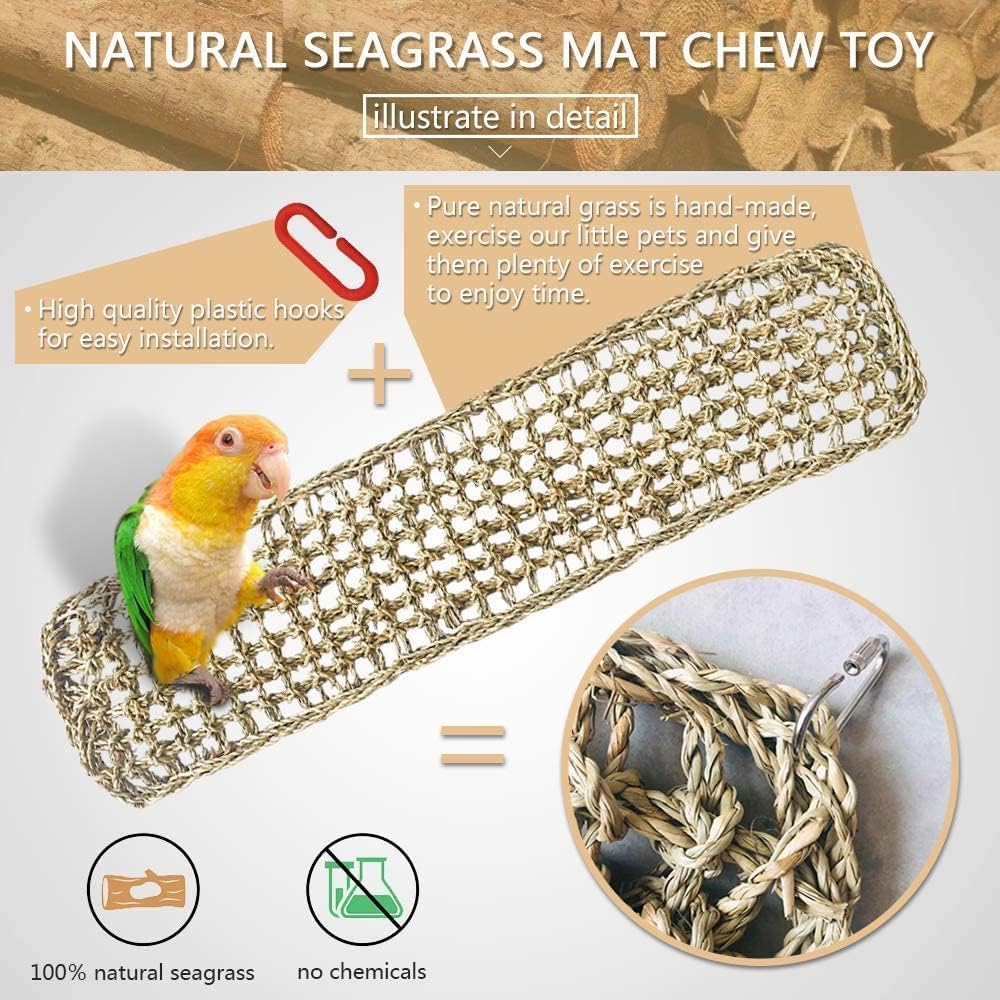 Bird Seagrass Mat,Natural Grass Woven Net Hammock Hanging on Parrot Cage with 4 Hooks,Parakeet Climbing Rope Ladder Chew Toys for Lovebird Cockatiel Conure Budgie,Cockatoo Supplies 29.5" X 7" image number 4