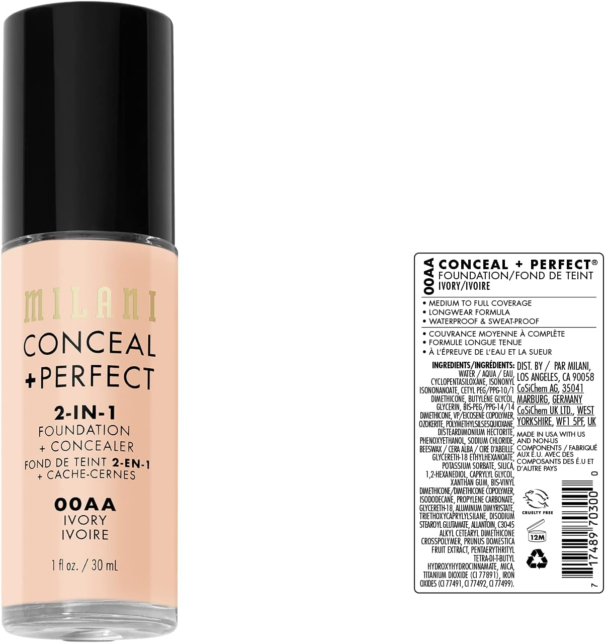 Milani Conceal + Perfect 2-In-1 Foundation + Concealer for a Flawless Complexion, under Eye Corrector, Cover Redness and Imperfections, Waterproof and Sweatproof - Ivory image number 2