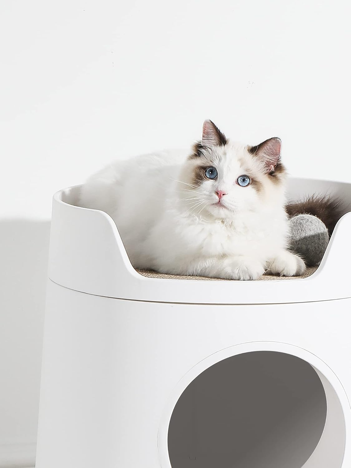 Mayitwill Cat Litter Box Standard Large Castle 2 in 1 Front-Entry Cat Litter Box with Scratch Basin, Scoop Included White