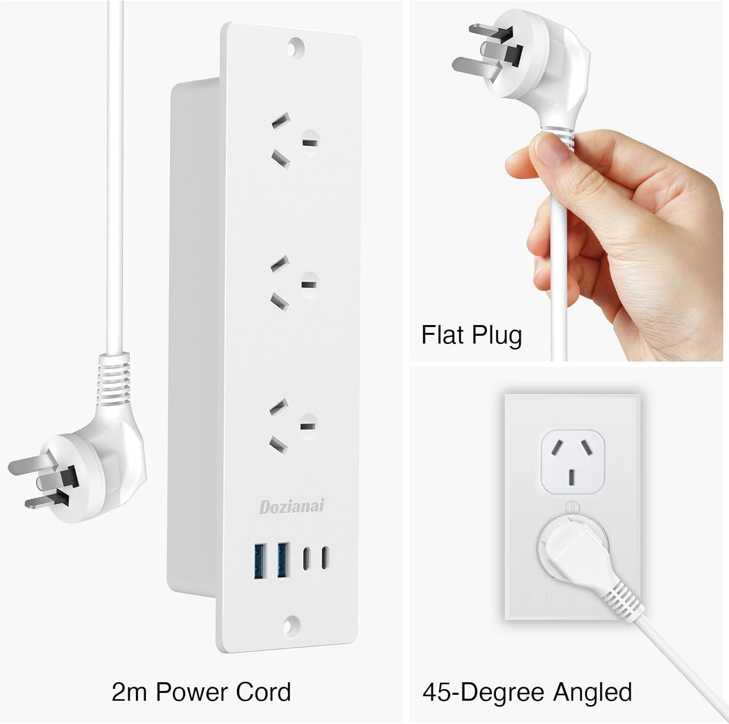 Recessed Power Board with 3 Outlets 4 USB Ports (2&times;USB-C, 2&times;USB-A), 10A/2400W, 2M Extension Cord, Space-Saving Drawer Outlet Flush Mount Power Strip for Desk, Home Office (White) image number 1