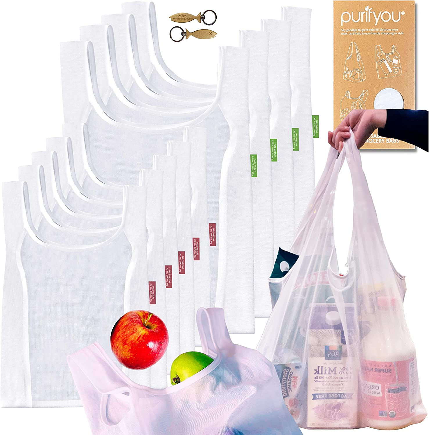Purifyou Premium Reusable Mesh Shopping Bags for Produce and Grocery | Keeps Produce Fresh & Has Tare Weight Tags | Set of 9 | 2 Reminder Keychains & 2 Zipper Storage Pouches Included | Extra Large image number 3