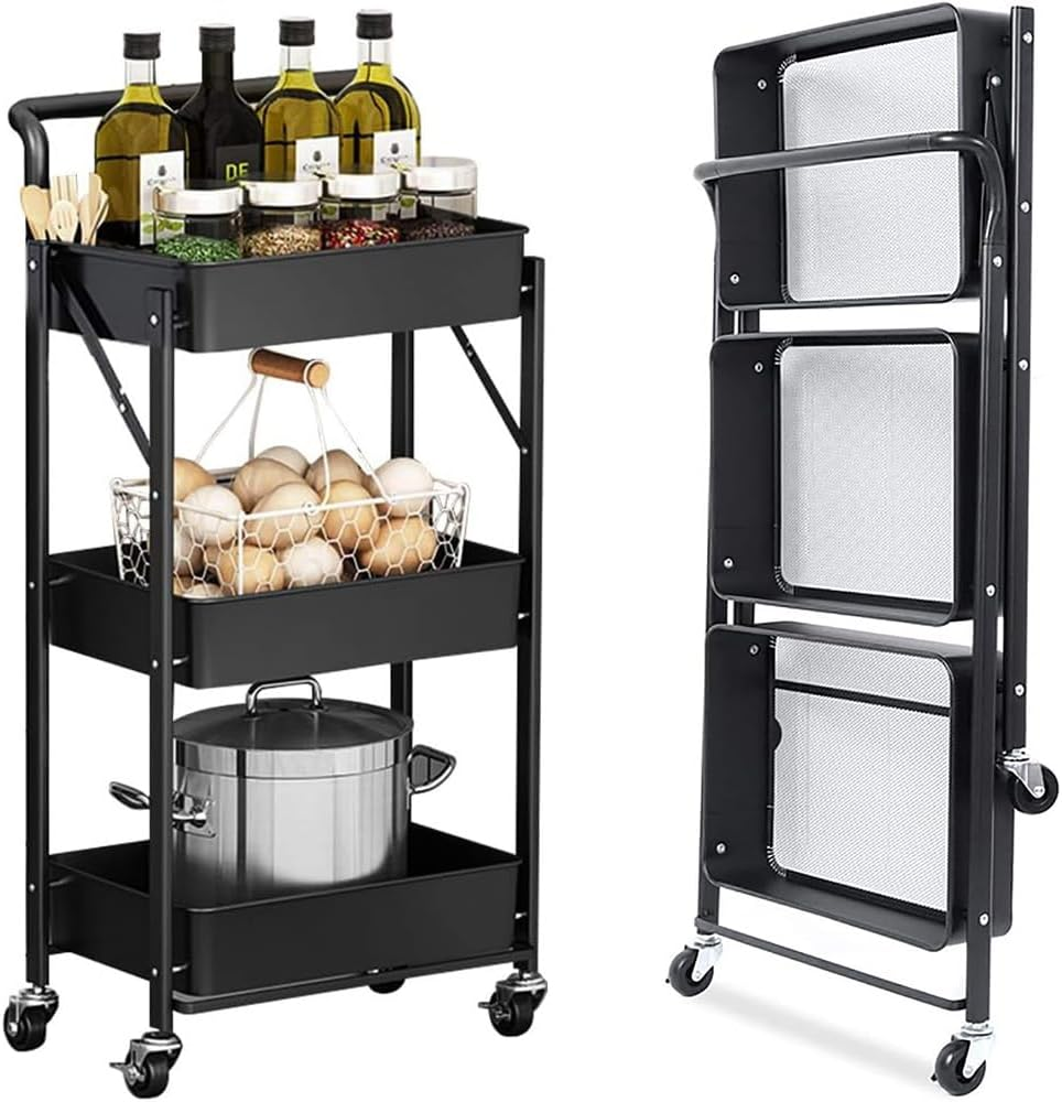 GUDAJIN 3-Tier Foldable Rolling Cart, Metal Cart with Handle, Foldable Mobile Organizer Cart, Multi-Function Storage Trolley, Rolling Storage Organizer Rack for Kitchen Pantry, Office (Black)