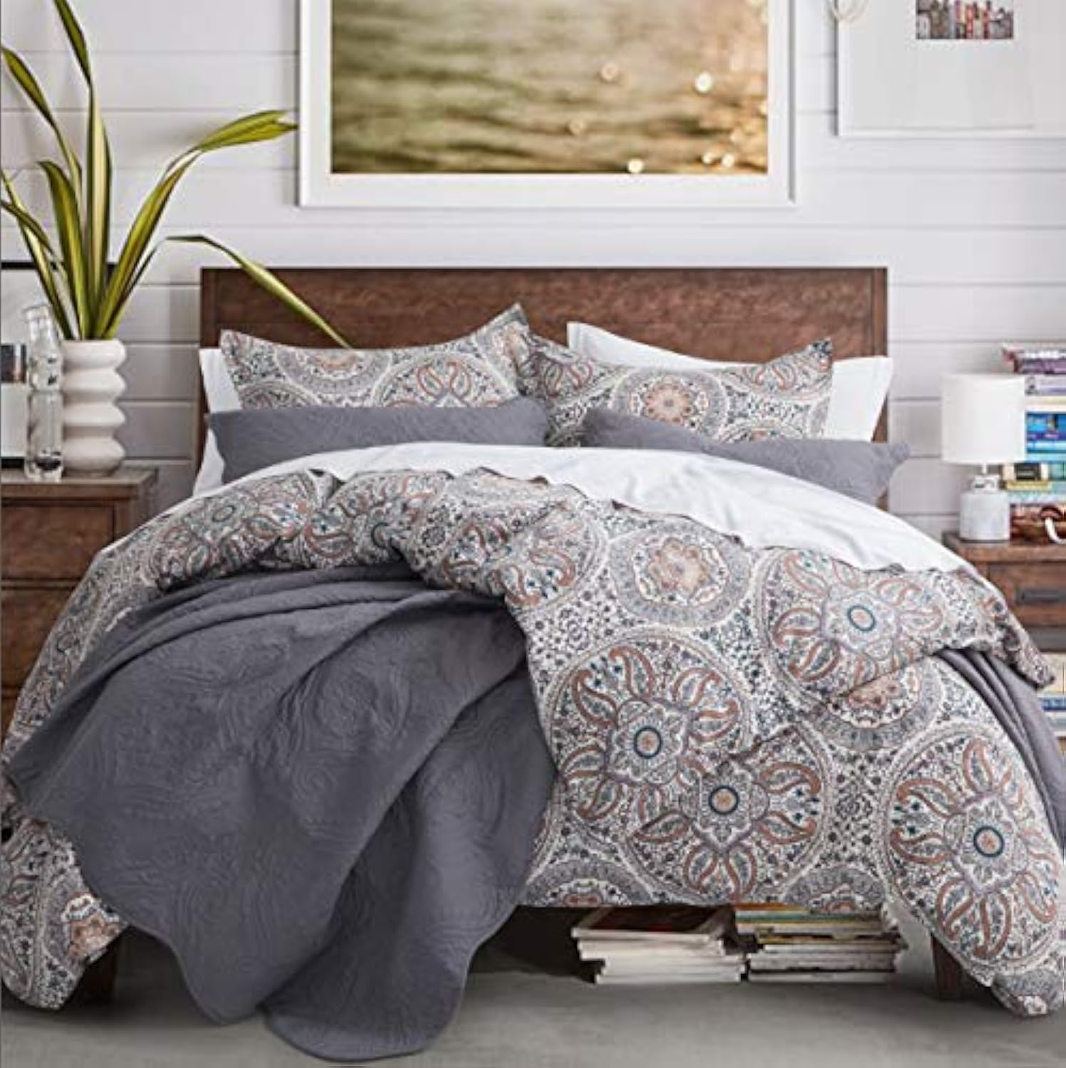 Eikei Italian Bohemian Paisley Duvet Cover 3Pc Set Boho Bedding Boteh Damask Medallion 400TC Egyptian Cotton Sateen Luxury European Traditional Style Bed Linen (Red Teal, Super King)
