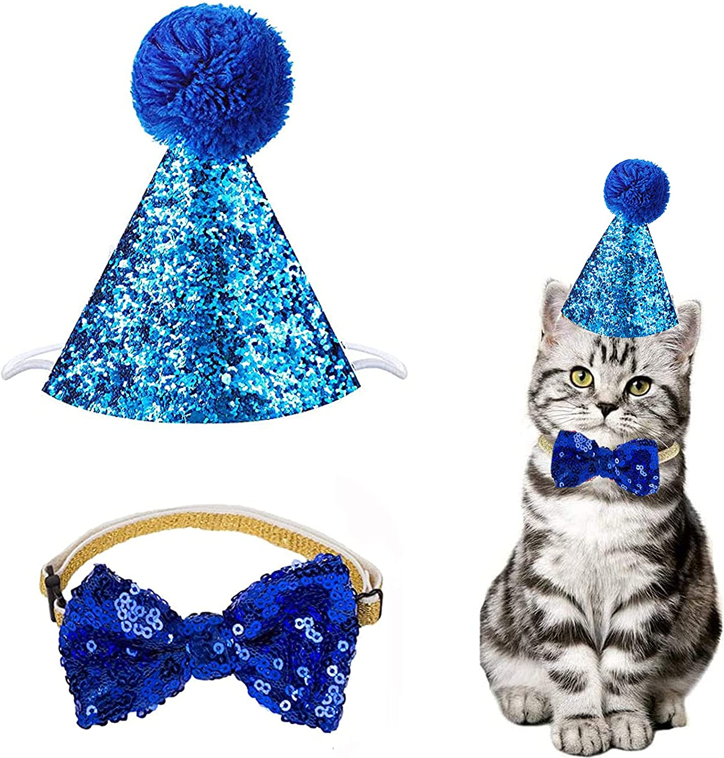 Christmas Pet Party Jazz Hat and Blingbling Bow Tie Breakaway Collar Set, Adjustable Headband for Kitten Puppy Small Dogs Cats (Sequin-Red)