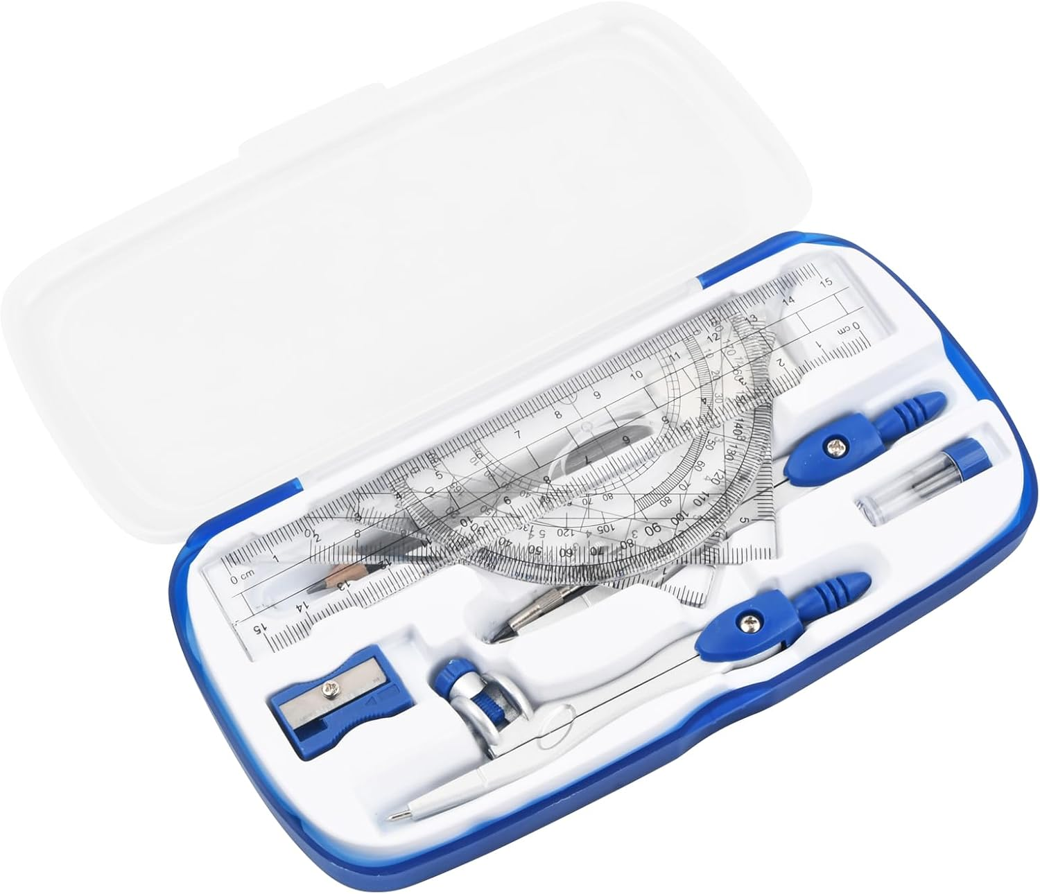 Pack of 10 Compass for Geometry Math Geometry Kit, Geometry Compass Set, Including Set Square, Lead Refills, Pencil, Eraser Sharpener for School Mathematics (Blue)