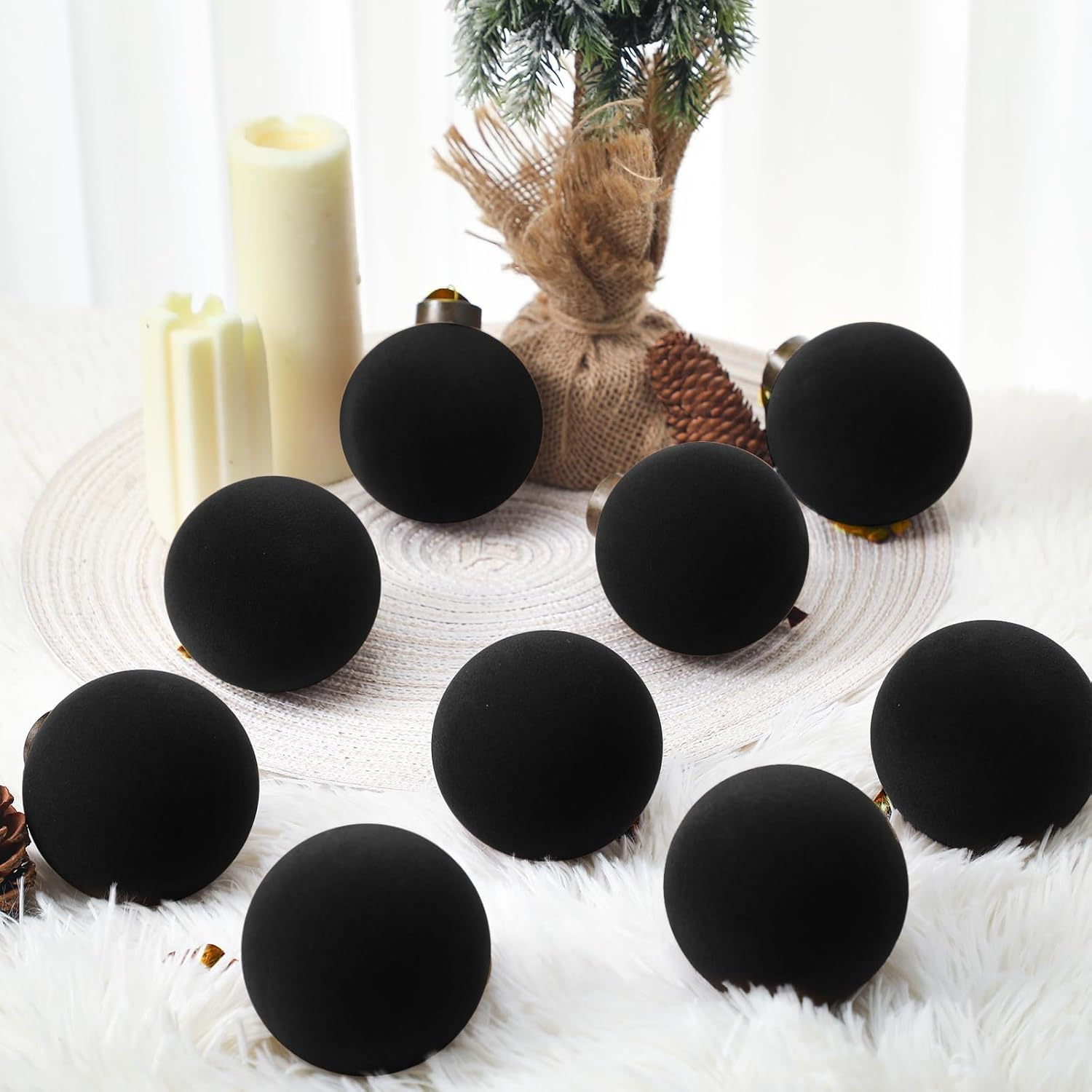 Liliful 15 Pcs Velvet Christmas Balls, Black, 3.15 Inch, Hanging Ornaments, Christmas Tree Decoration image number 1