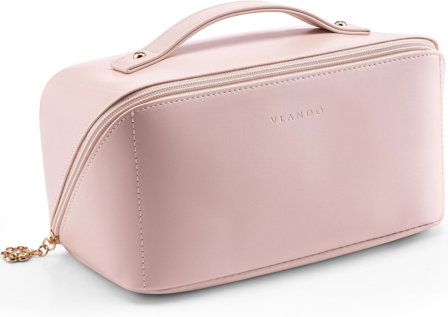 Vlando Travel Makeup Bag,Toiletry Bag for Women PU Leather Open Flat Make up Bag, 01.Toffee, Classic Elegant
