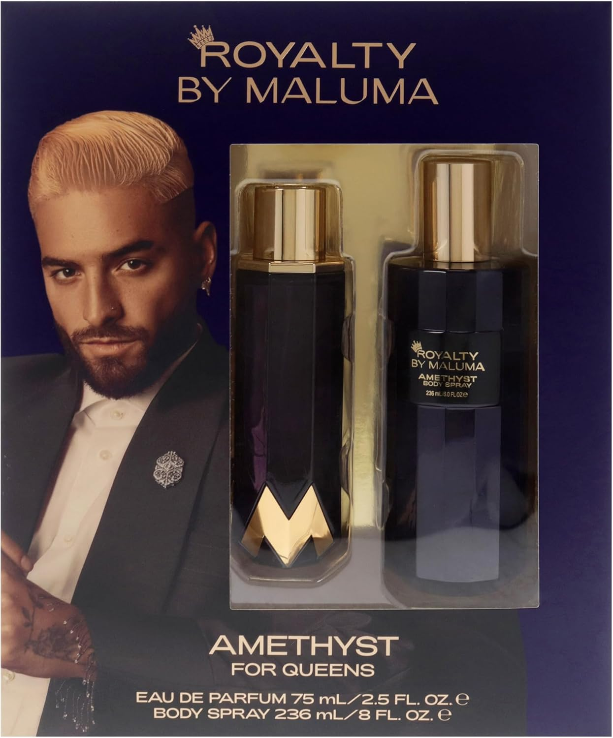 Amethyst by Royalty by Maluma for Women - 2 Pc Gift Set 2.5Oz EDP Spray, 8Oz Body Spray
