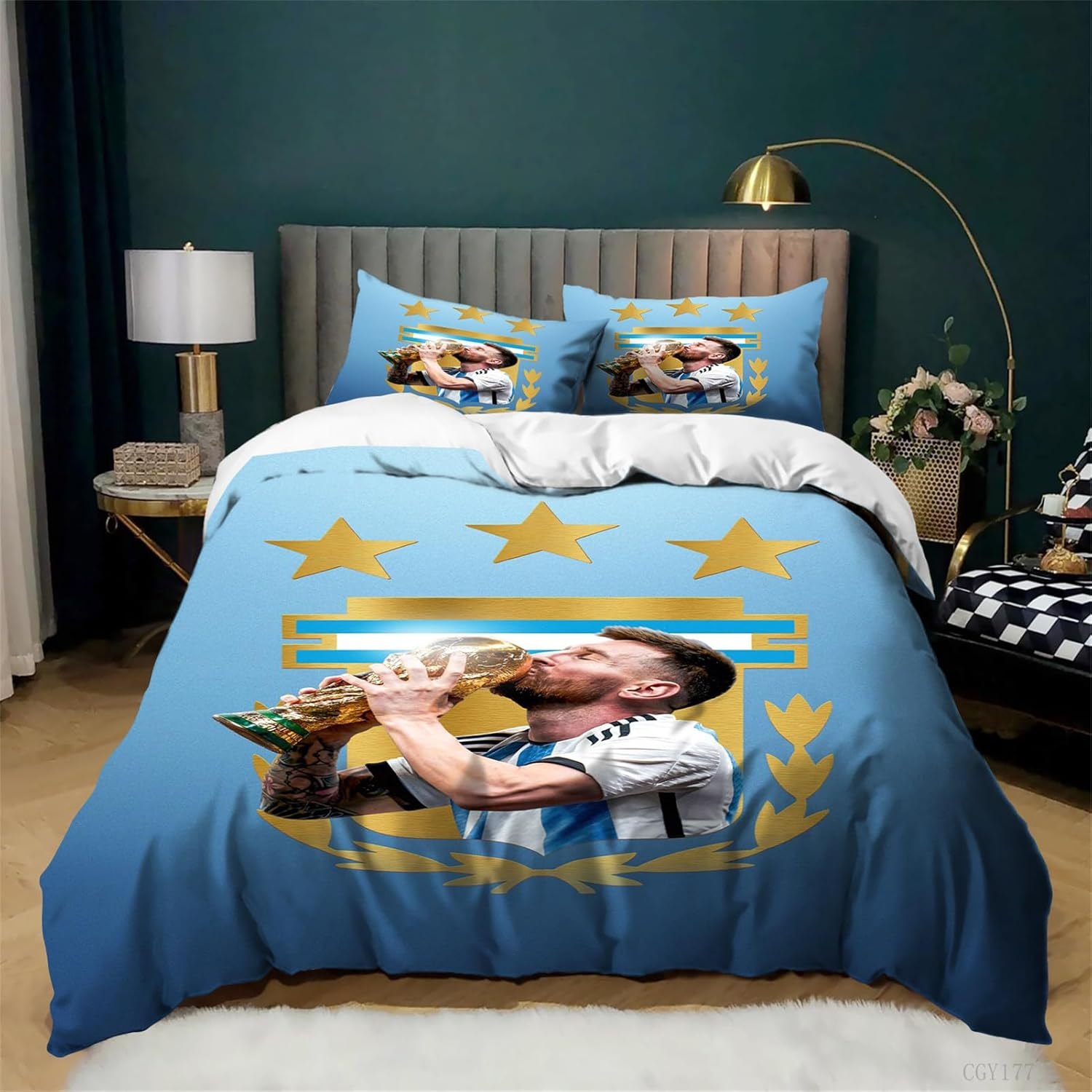 3Pcs Messi Bedding Duvet Cover Set Light-Weight Quilt Cover Set Football Star Ultra Soft Duvet Cover with 2 Pillow Shams