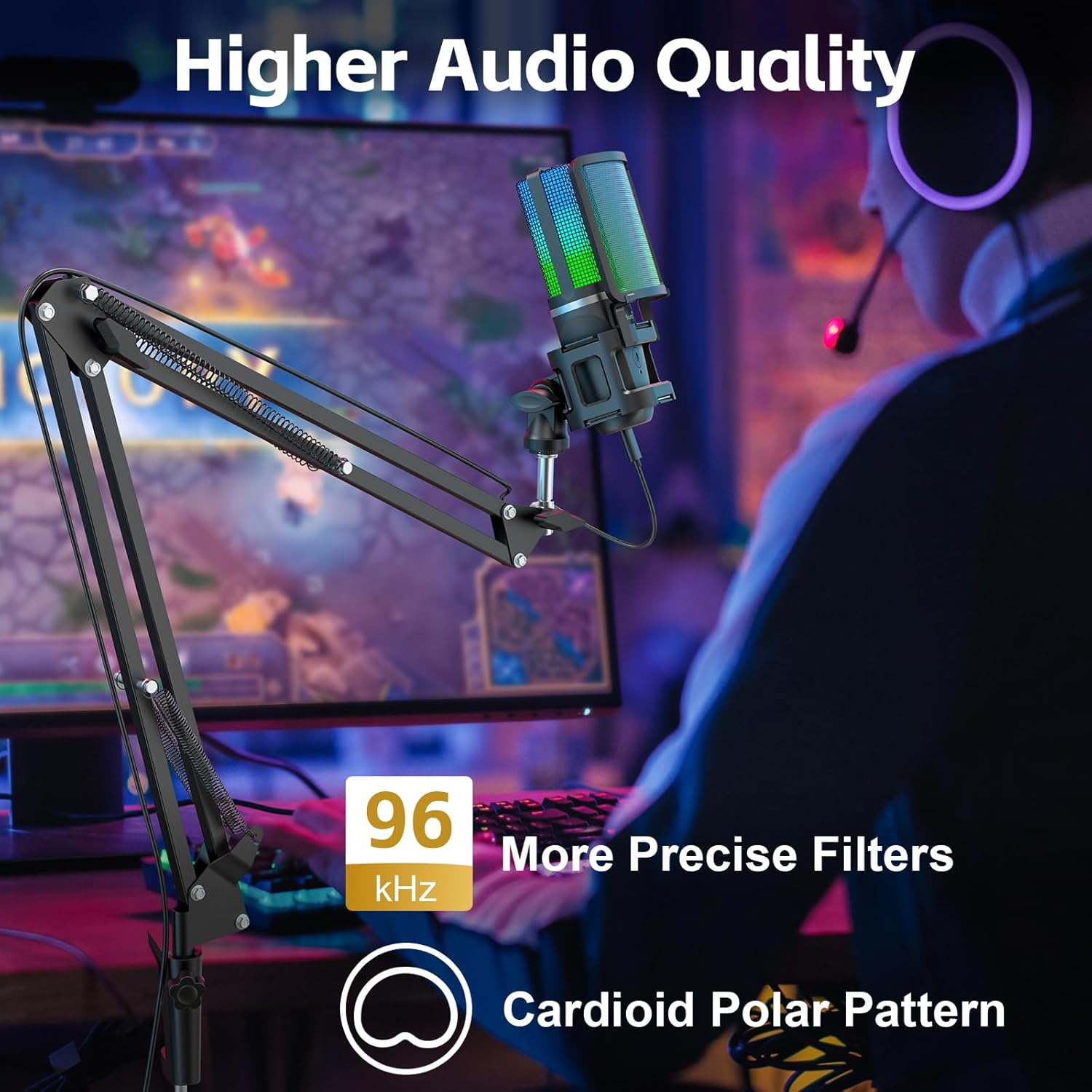 Zealsound Gaming USB Microphone,Noise Cancellation Condenser Mic,Rgb Microphone with Mute,Gain,Monitoring,Boom Arm,Pop Filter for Phone,Pc,Computer,Ps4,Ps5,Mac,Streaming,Podcast,Twitch,Youtube,Discord image number 1