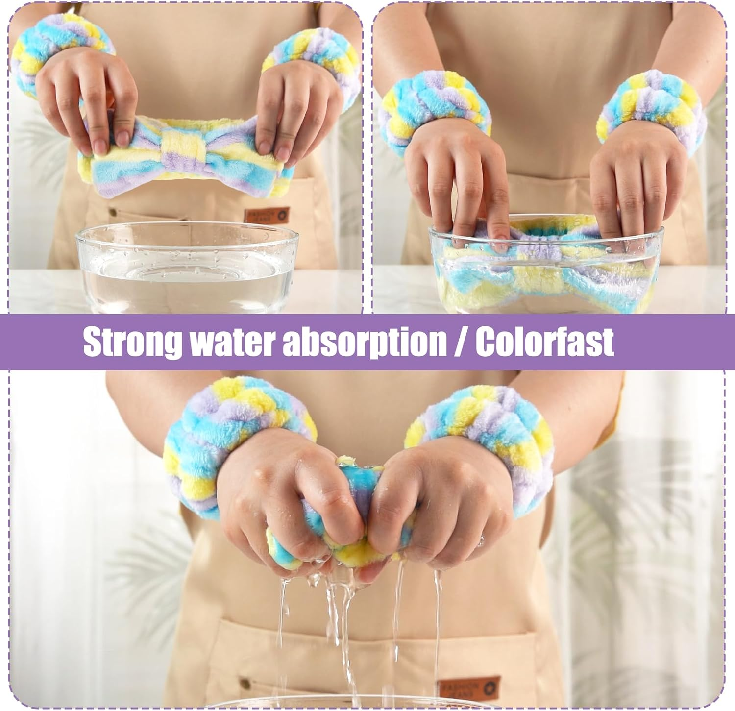 Shindel 6PCS Face Wash Headband Set, Makeup Wash Headbands with Wristbands Coral Fleece Bow Hair Bands for Women Spa Skin Care Yoga image number 3