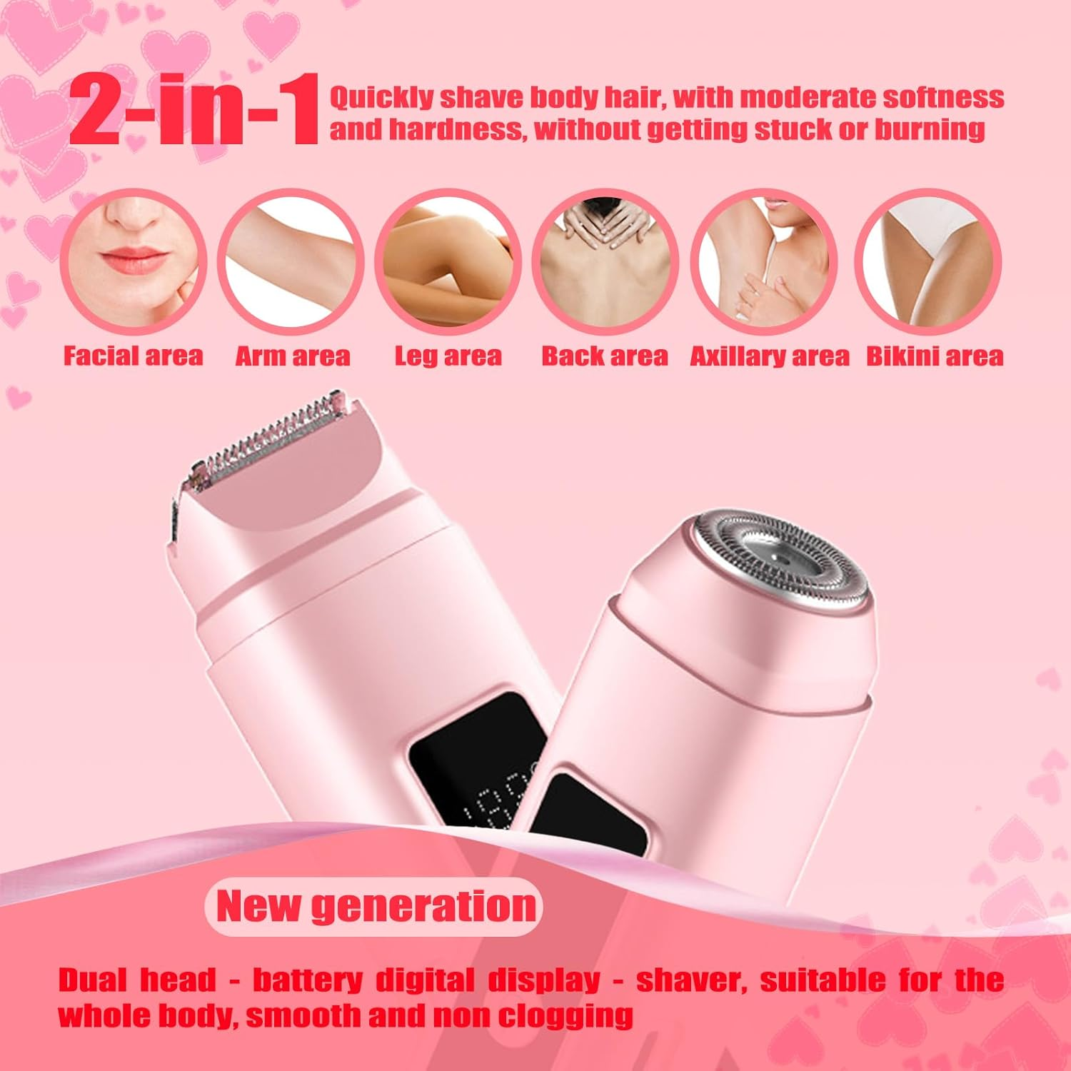 2 In1 Bikini Trimmer for Women Dual Head Electric Shaver Women USB Cordless Epilator Hair Removal for Women Waterproof Dry and Wet Use Lady Shaver Suitable for Body,Face,Armpits,Legs,Arm,Bikini(Pink)