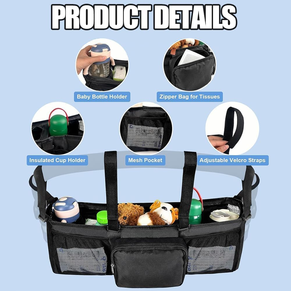 Stroller Organizer for Double Strollers - Large Storage Bag with Bottle & Cup Holders, Parent Console for Side-By-Side & Jogger Strollers, Durable & Spacious Accessory image number 2