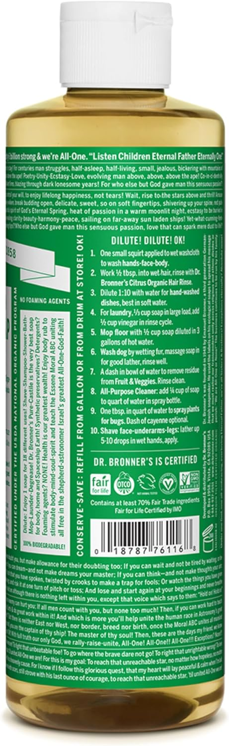 Dr. Bronner'S - Pure-Castile Liquid Soap (Almond, 16 Ounce) - Made with Organic Oils, 18-In-1 Uses: Face, Body, Hair, Laundry, Pets and Dishes, Concentrated, Vegan, Non-Gmo image number 2