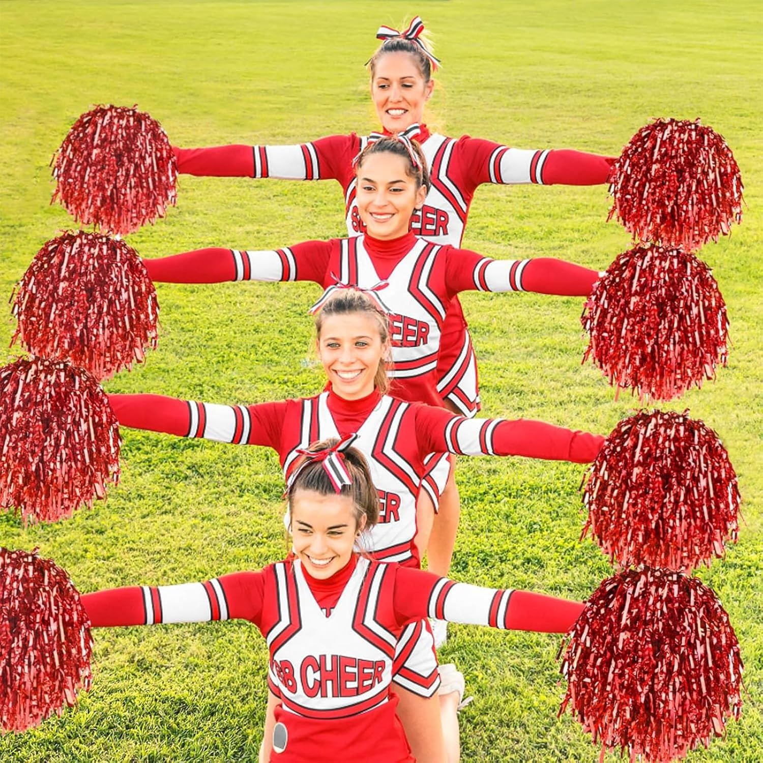 14 Pcs Cheerleader Cheerleading Pom Poms Metallic Foil Pompoms for Sports Meet Team Spirit Cheering Party Dance Supplies Straight Hole, Red image number 3