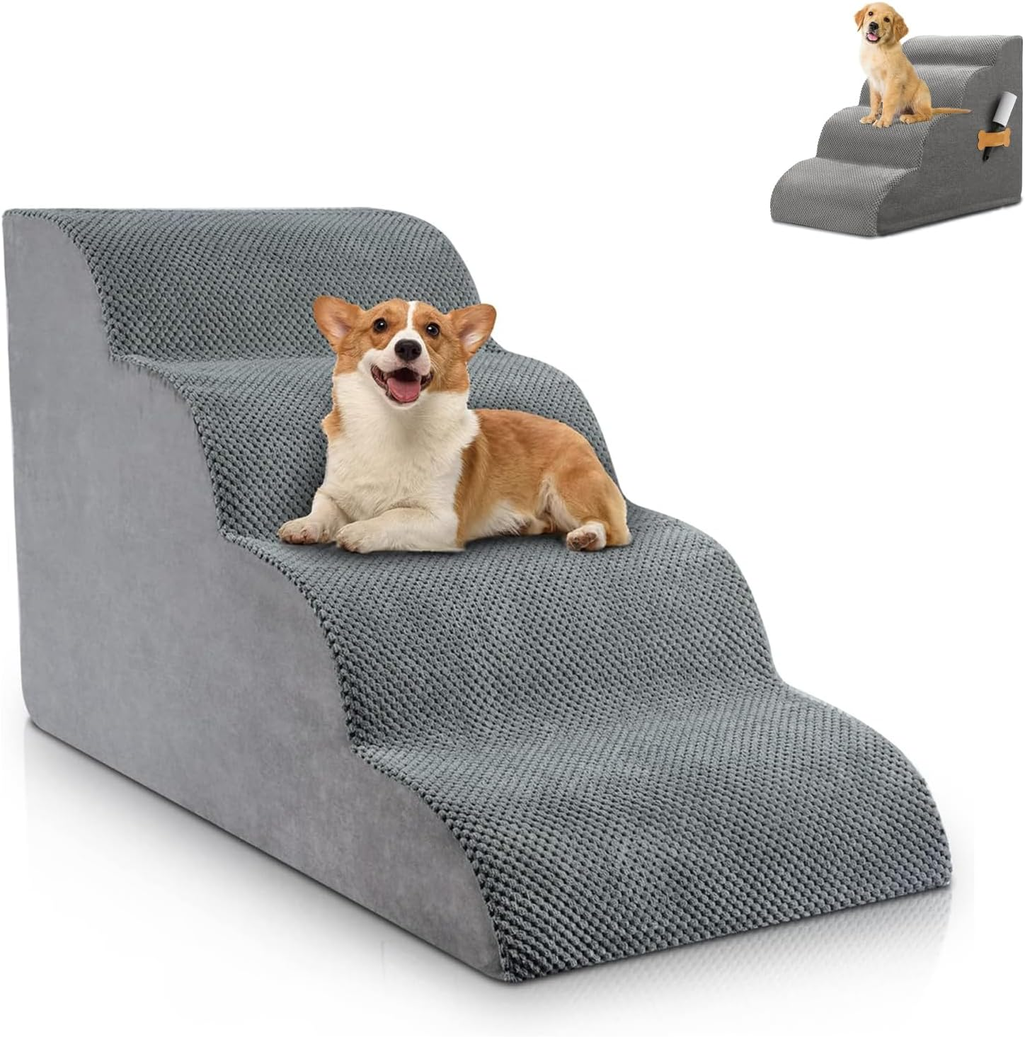 4-Tiers Dog Stairs, Dog Steps Ramp for High Bed and Couch, Durable Non-Slip Waterproof Fabric Cover Pet Stairs for Small Dogs and Cats, Grey 72 * 40 * 45Cm image number 1