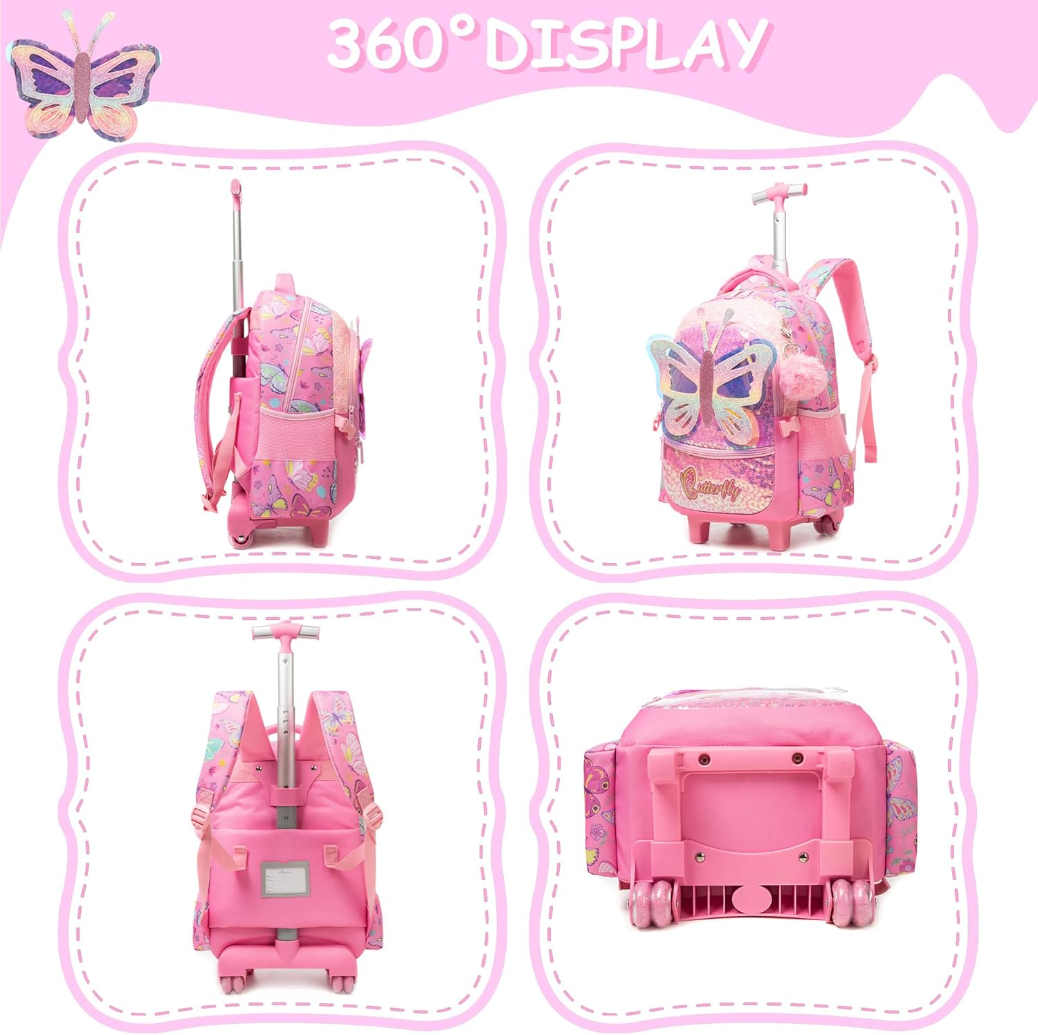 ZBAOGTW Rolling Backpack for Girls Unicorn Rolling Backpack with Lunch Box and Pencil Bag Adjustable Length Wheeled Backpack image number 6