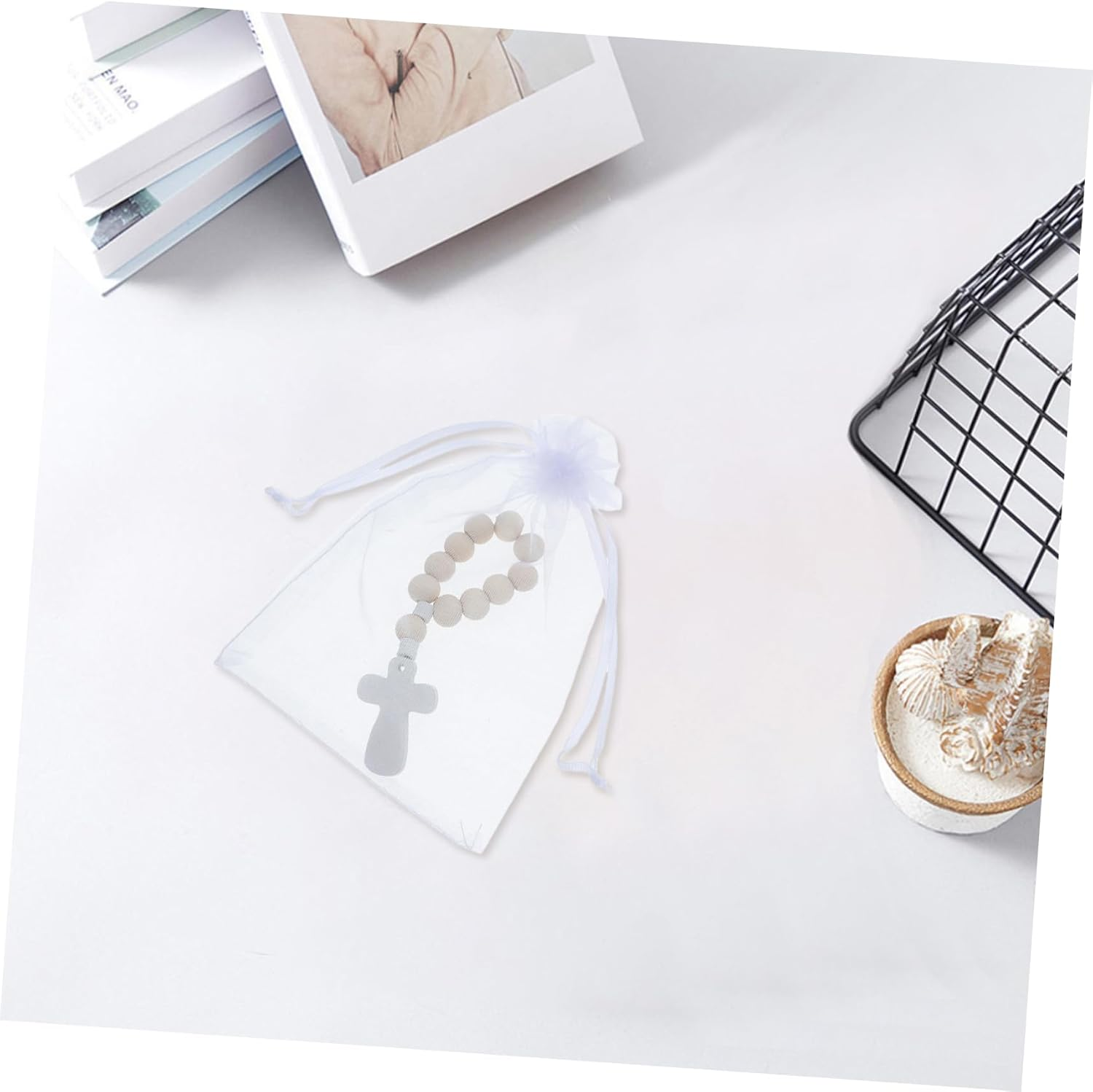 VILLFUL 40 Sets Wooden Bead Rosary Bracelets with Cross Charms for Baptism and First Communion Baby Shower Favors with Organza Bags image number 6