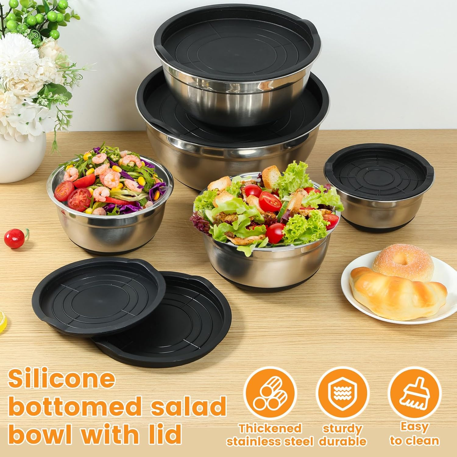 5 Pcs Mixing Bowls with Lids Stainless Steel Nesting Bowls Set with Non-Slip Silicone Bottoms Kitchen Metal Bowls for Mixing Baking Prepping Cooking Serving 4.5QT Large to 0.7QT Small image number 2