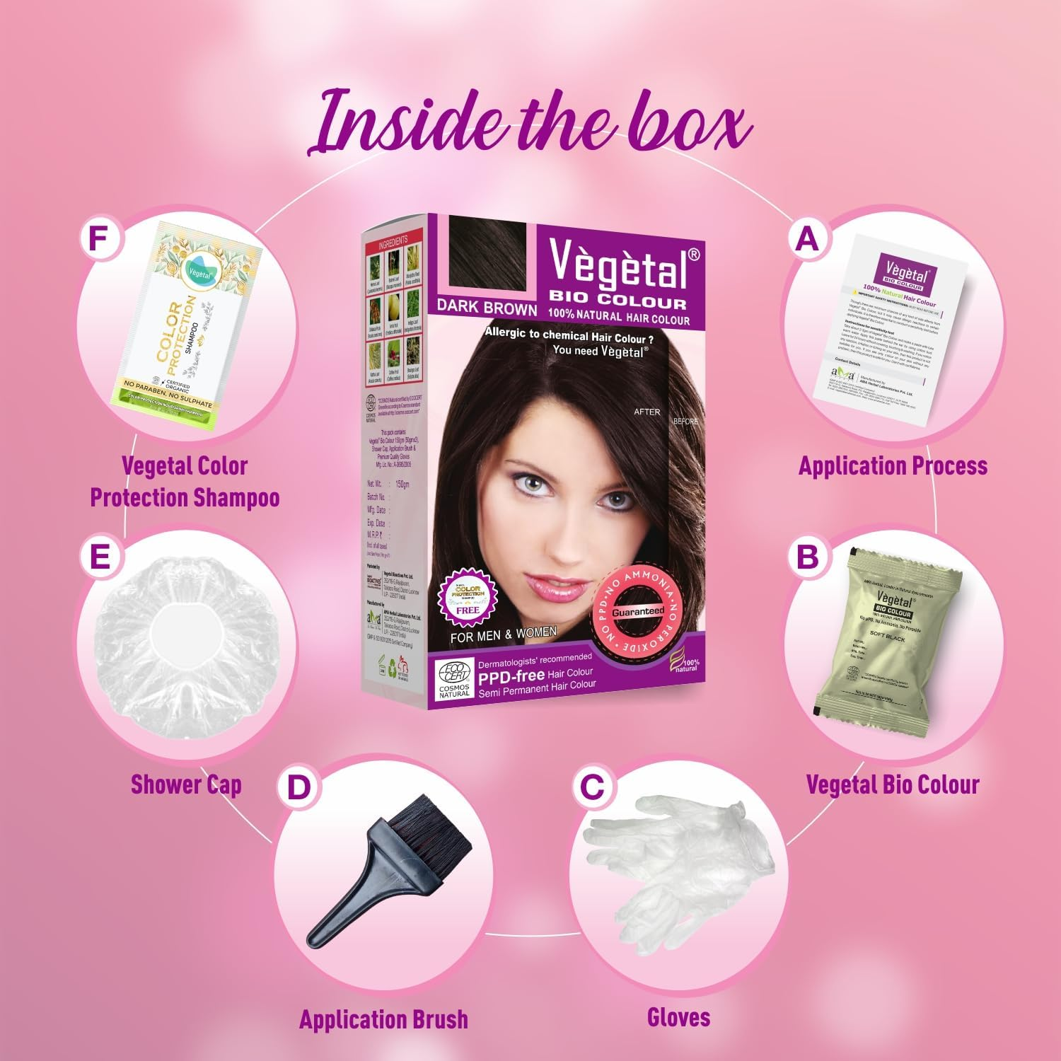 Vegetal Bio Hair Colour - Dark Brown 150G Achieve Natural, Ammonia-Free Hair Color Ppd-Free, 100% Herbal Certified Organic for Men and Women UV Protection and Luster Maintenance Complete Kit image number 3