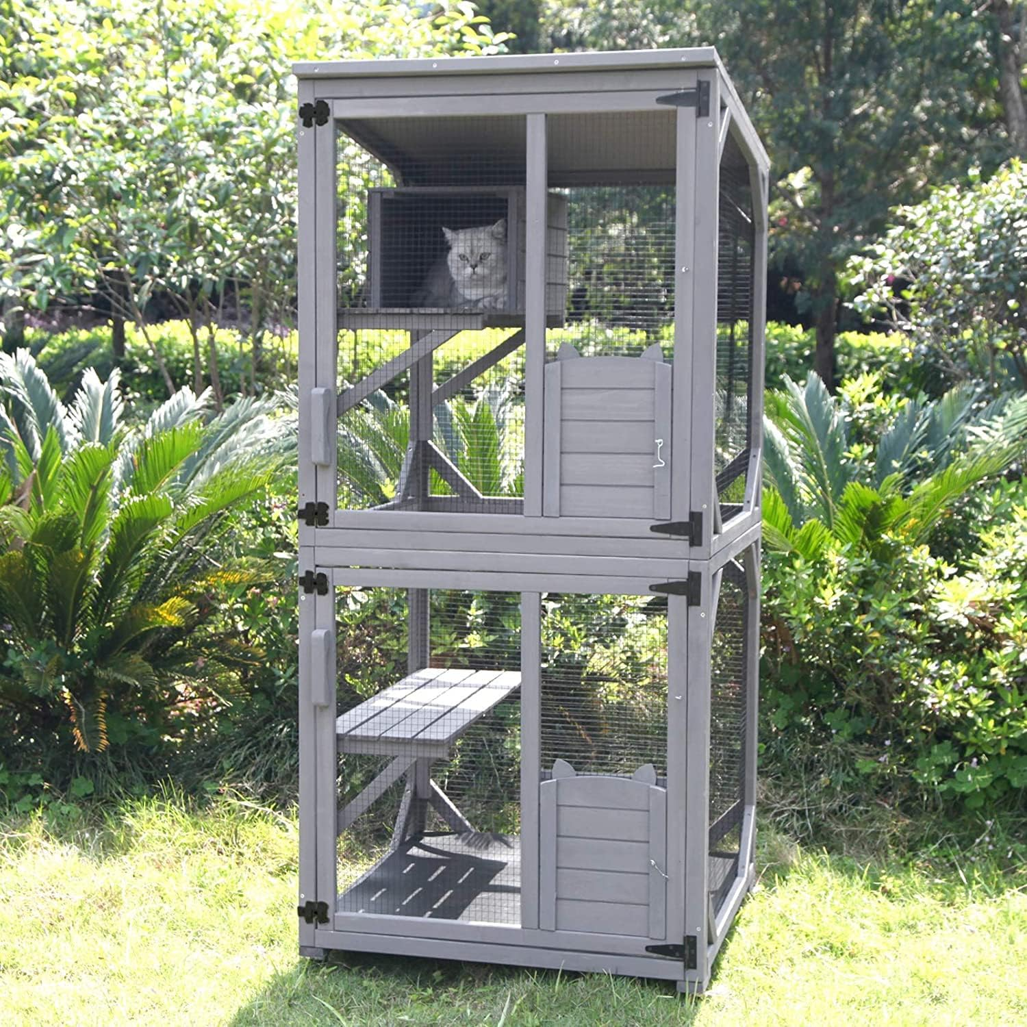 Wooden Cat House Outdoor and Indoor Run Large Cat Enclosure on Wheels 70.9" Upgraded Version Catio Cage with Reinforcement Wooden Strip,Waterproof Roof image number 2