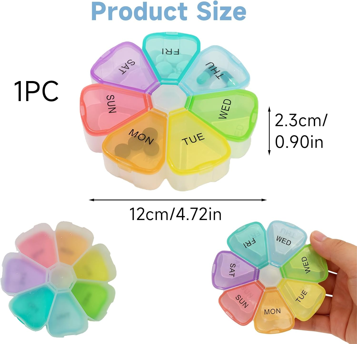 1Pack Weekly Pill Organiser, Cute Pill Box 7 Day 1 Times a Day, Portable Travel Tablet Organiser with 7 Large Compartments, for Vitamins Supplements Medication(Rainbow) image number 4
